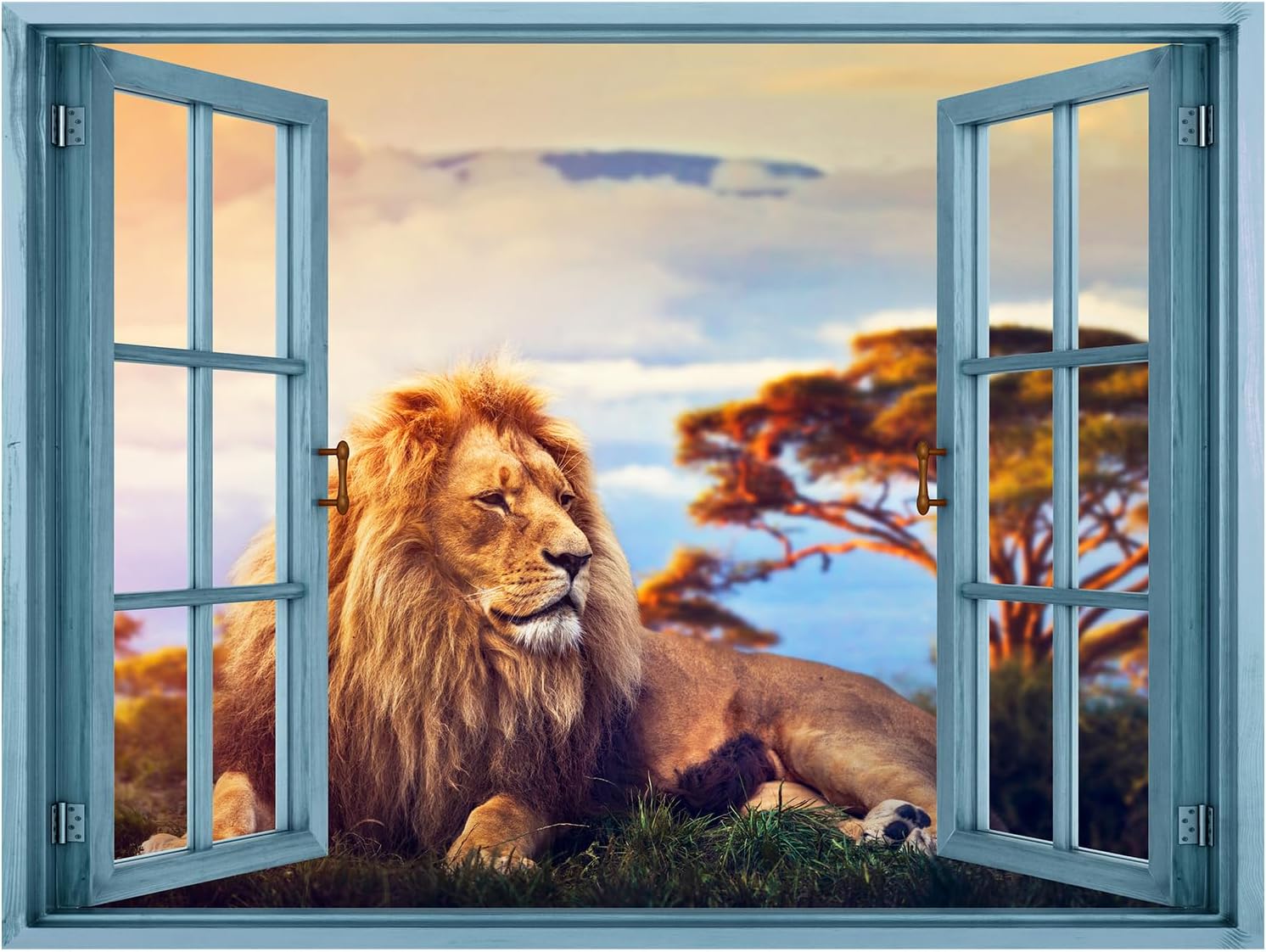 wall26 Adhesivo removible de paredmural de pared, vista de ventana, selva africana, puesta de sol, león en campo, animales, naturaleza, fotografía,
