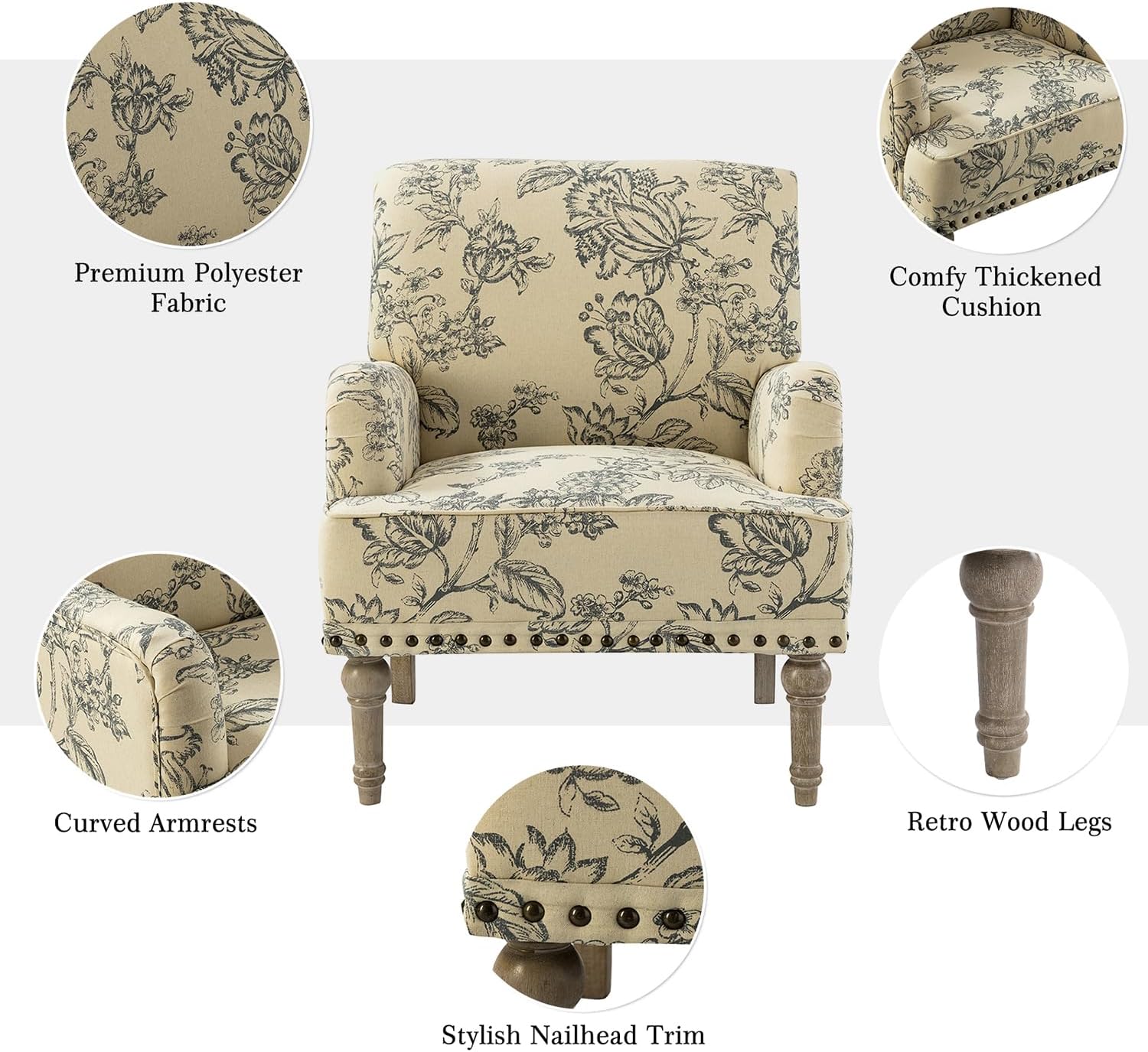 HULALA HOME Sillón moderno con patas de madera y ribete de cabeza de clavo, cómoda silla decorativa tapizada para sala de estar y dormitorio