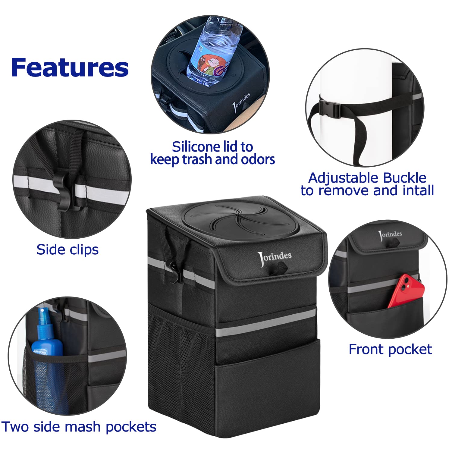 Basurero de automóvil de piel sintética con tapa y forro a prueba de fugas, accesorios de automóvil fáciles de instalar para viajes, bolsa de basura