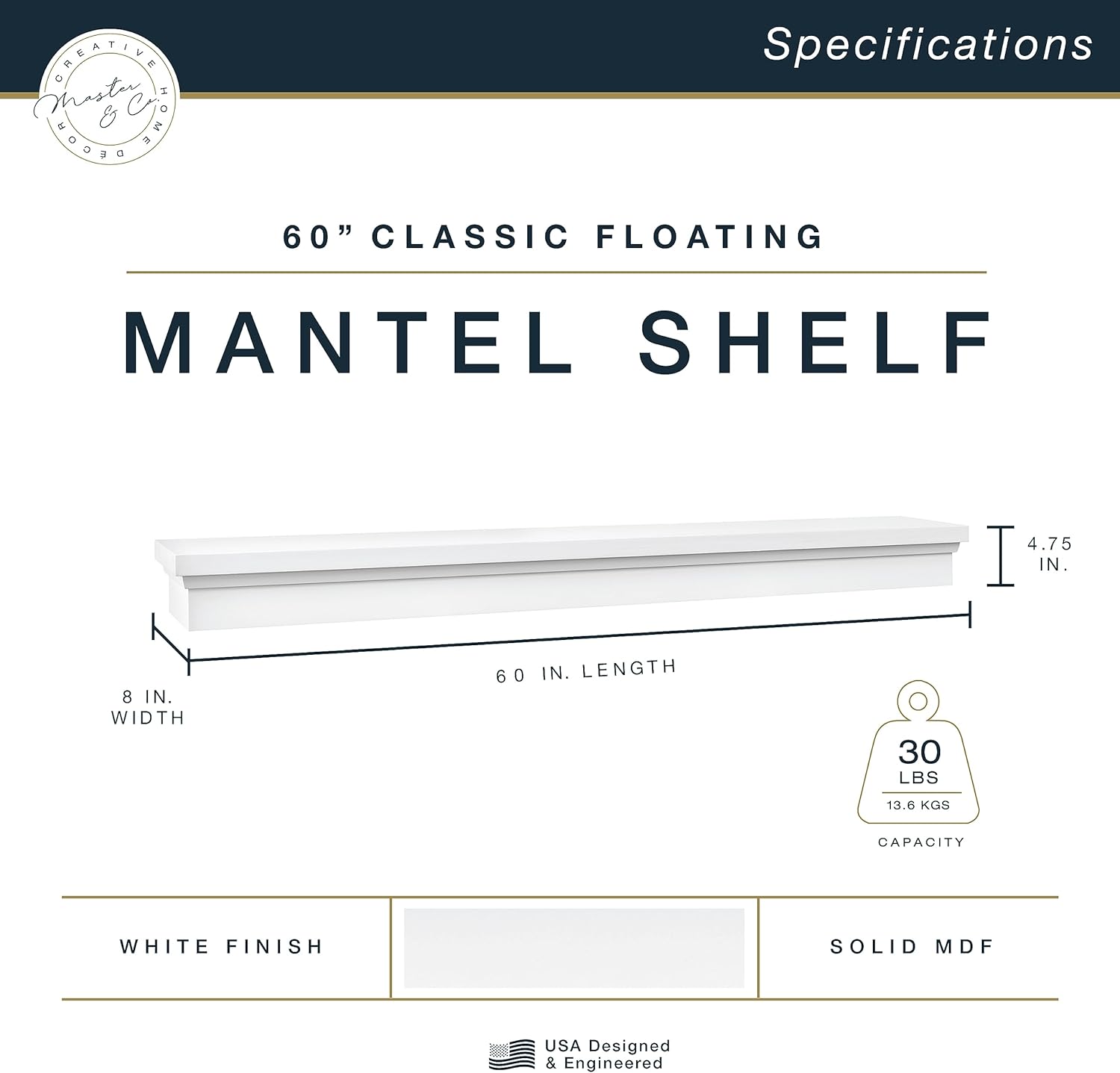 Master & Co. – Repisa flotante clásica para chimenea, estantes flotantes largos para decoración de pared, 60 pulgadas, color blanco