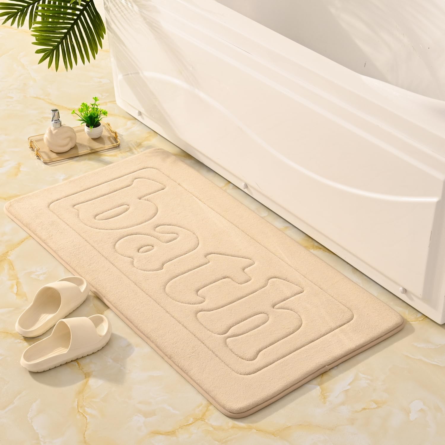 Tapete de baño de espuma viscoelástica, color beige, antideslizante, súper absorbente, de secado rápido, lavable a máquina, tapete de baño ultra