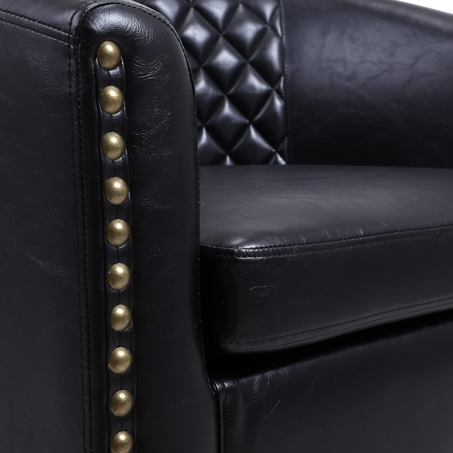 Silla de barril de cuero PU negro para sala de estar Sillón de ocio con cabezas de clavos y patas de madera maciza, talla única