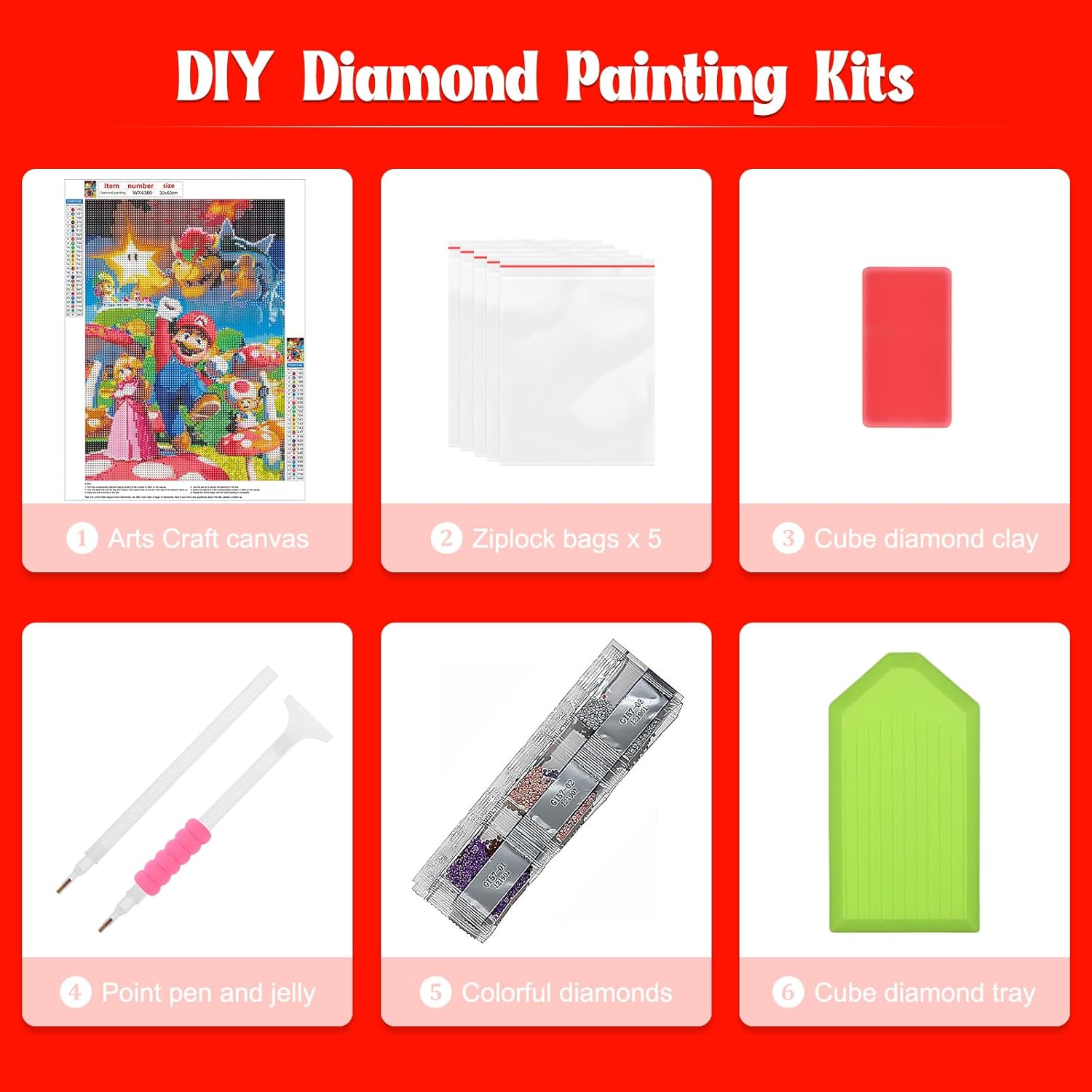NAIMOER Kits de arte de diamantes de dibujos animados de Mario Diamond Art Kits de arte de diamantes de hongos perfectos para relajación y