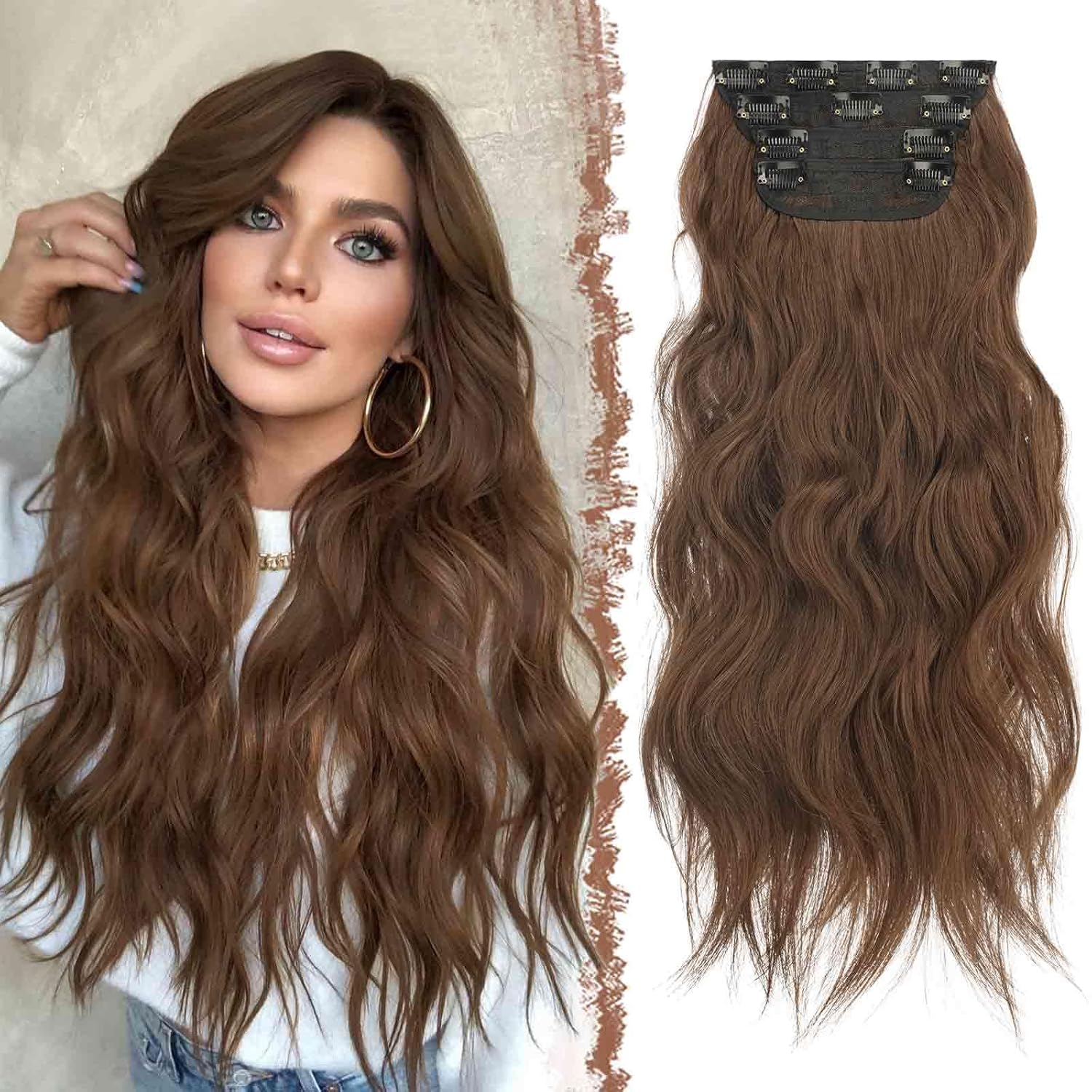 FESHFEN 4 extensiones de cabello con clip, extensiones de cabello sintético largo ondulado con clip, extensiones de cabello sintético de cabeza