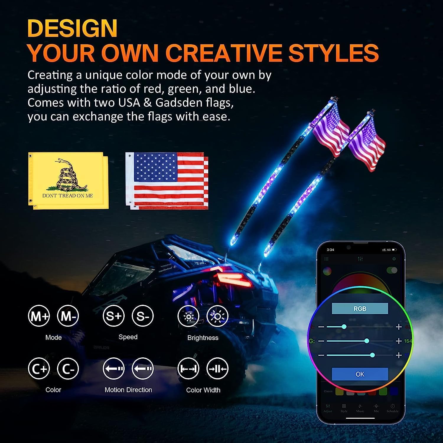 WOUII Con aplicación y control remoto, antena de persecución de música RGB en espiral iluminada, luz LED UTV para ATV puede ser SXS Polaris RZR