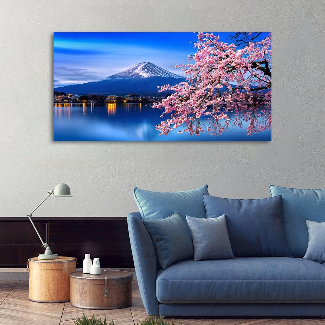 Aibonnly Lienzo decorativo para pared, diseño de cerezos en flor de monte Fuji, 1 pieza, póster enmarcado y estirado listo para colgar para sala de