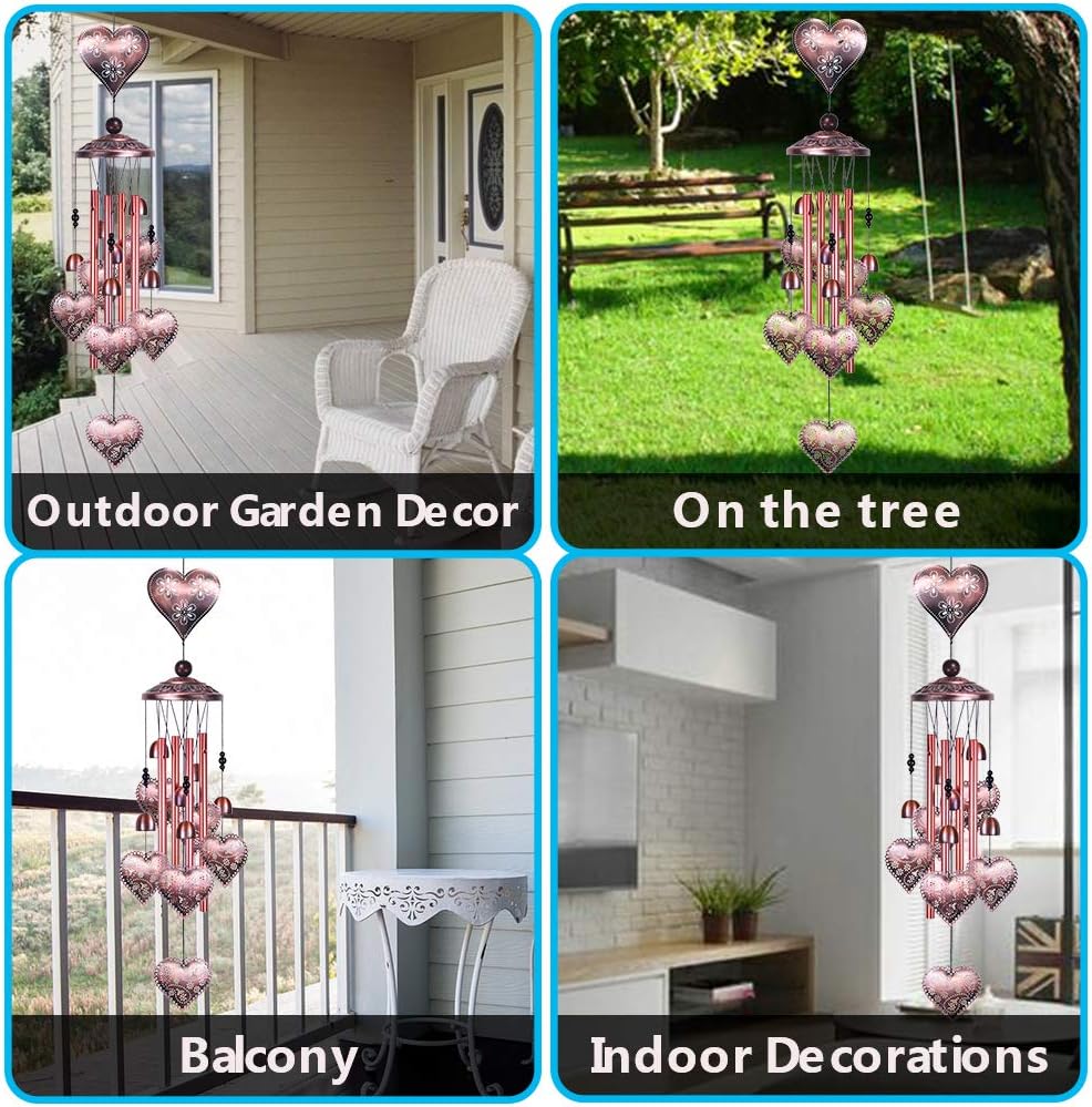 Carillones de viento de corazón amoroso para decoración de interiores y exteriores, con 4 tubos de aluminio, 6 campanas, 7 corazones, captador de