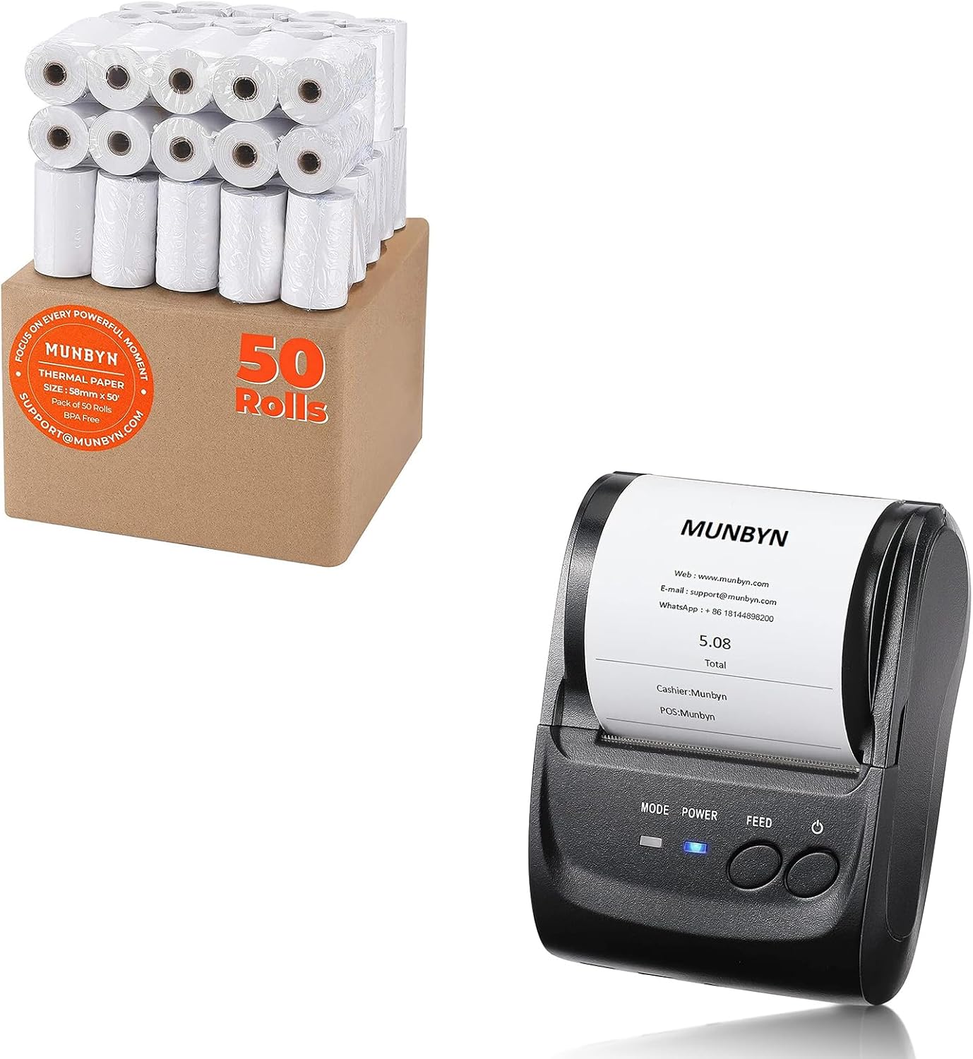 MUNBYN Mini impresora de recibos Bluetooth POS de 2.283 in, impresora térmica portátil inalámbrica de 2.28 pulgadas y papel térmico de 2 14 x 50