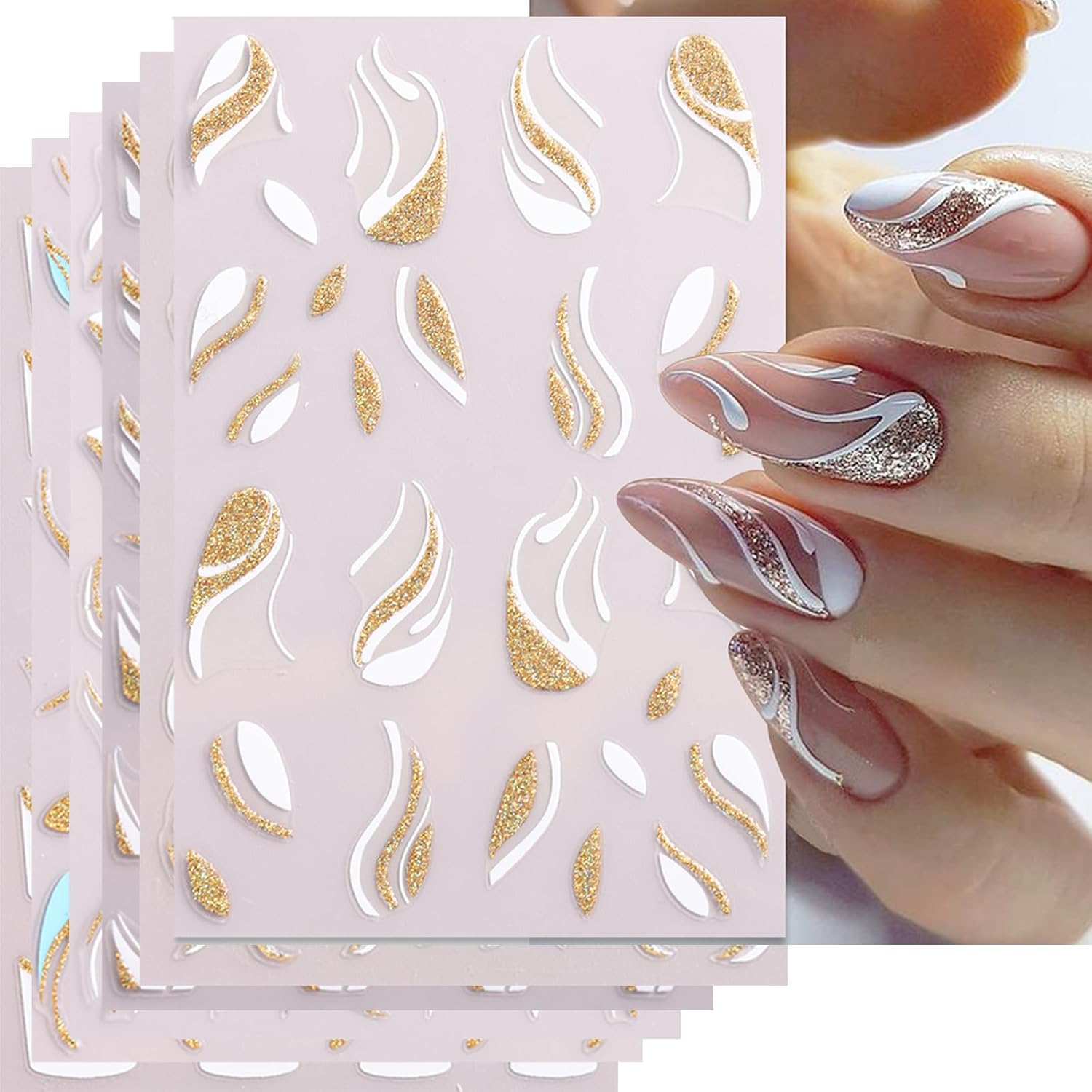 Calcomanías de uñas de otoño, líneas de plumas brillantes, calcomanías de arte para uñas, accesorios de uñas con purpurina dorada, 3D,