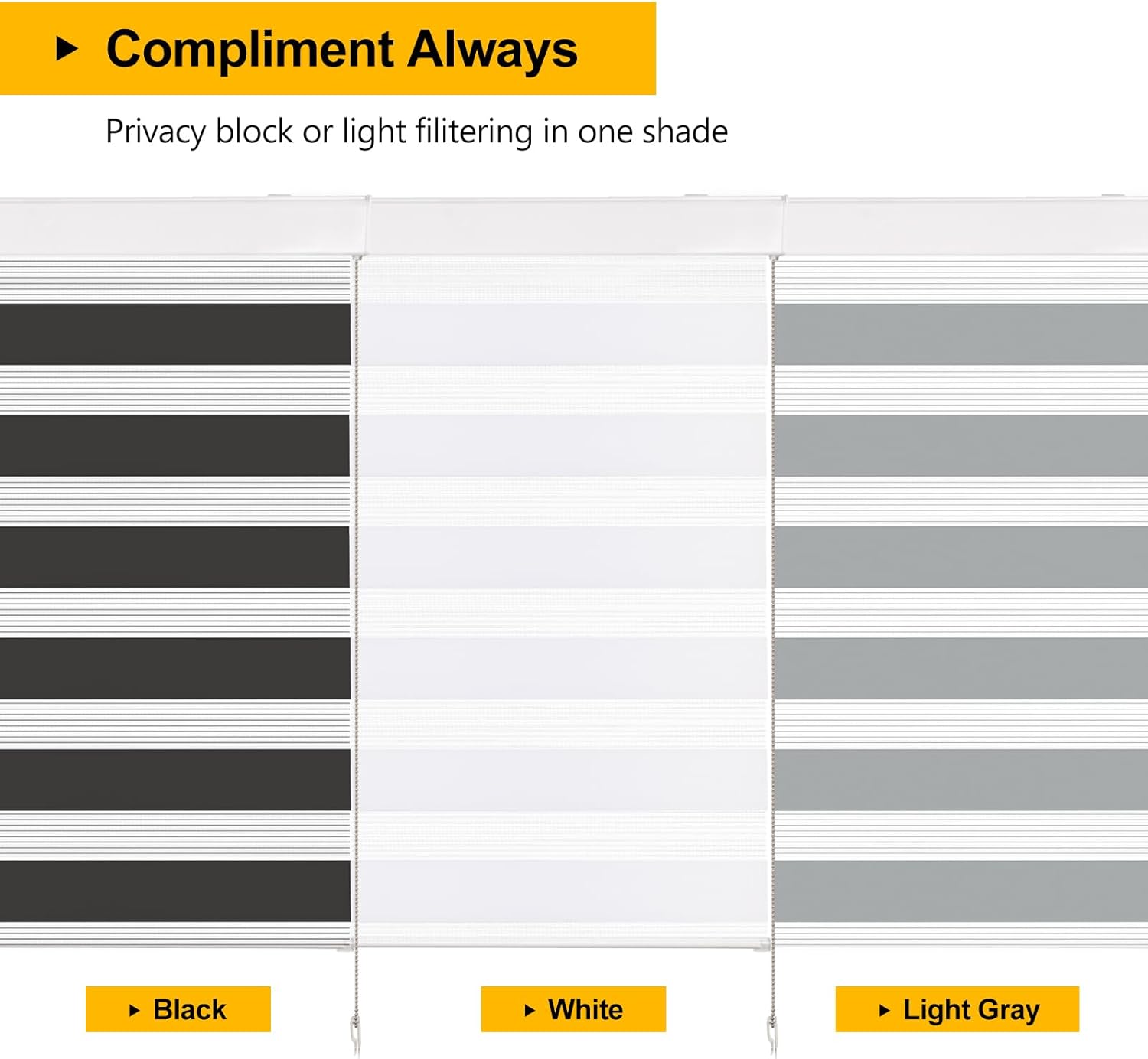 Persianas enrollables tipo cebra opacas negras, persianas filtrantes de luz de privacidad para ventanas, material grueso con cadena de cuentas de