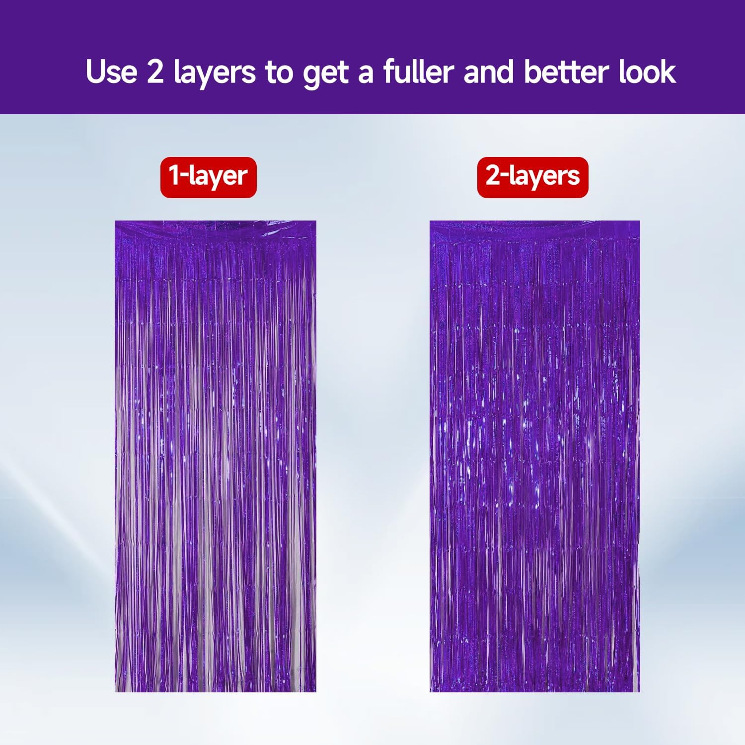QRabbit Paquete de 4 cortinas de flecos de papel de aluminio morado, serpentinas metálicas de oropel para fiesta, telón de fondo brillante para