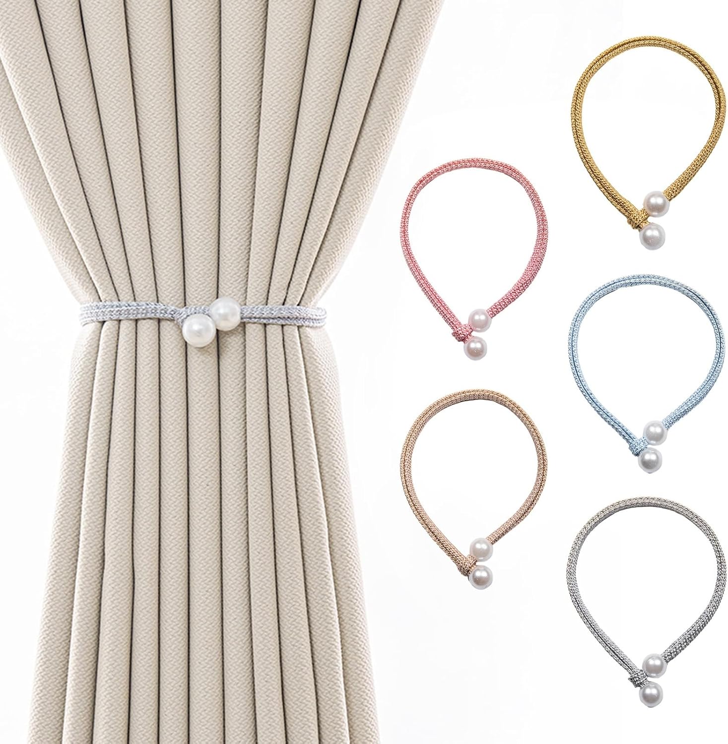 Alzapaños para cortina, 2 piezasjuego de alzapaños de cortina de perlas sintéticas, elegante, moderno, sin perforaciones, ajustable, soporte para