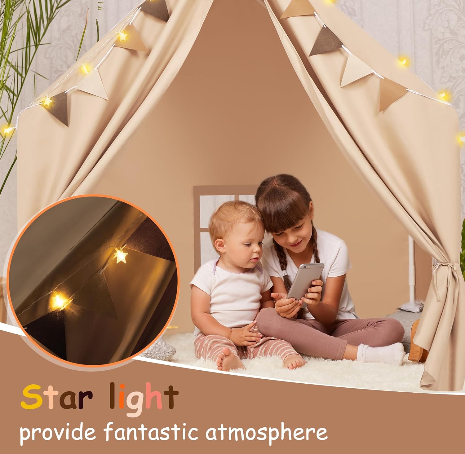 Kids Play Tent with Padded Mat & Star LED Lights for Ages 4-8-10 Year Old Girls Boys, Large Cute Indoor Play Room House Tent for Toddler Children