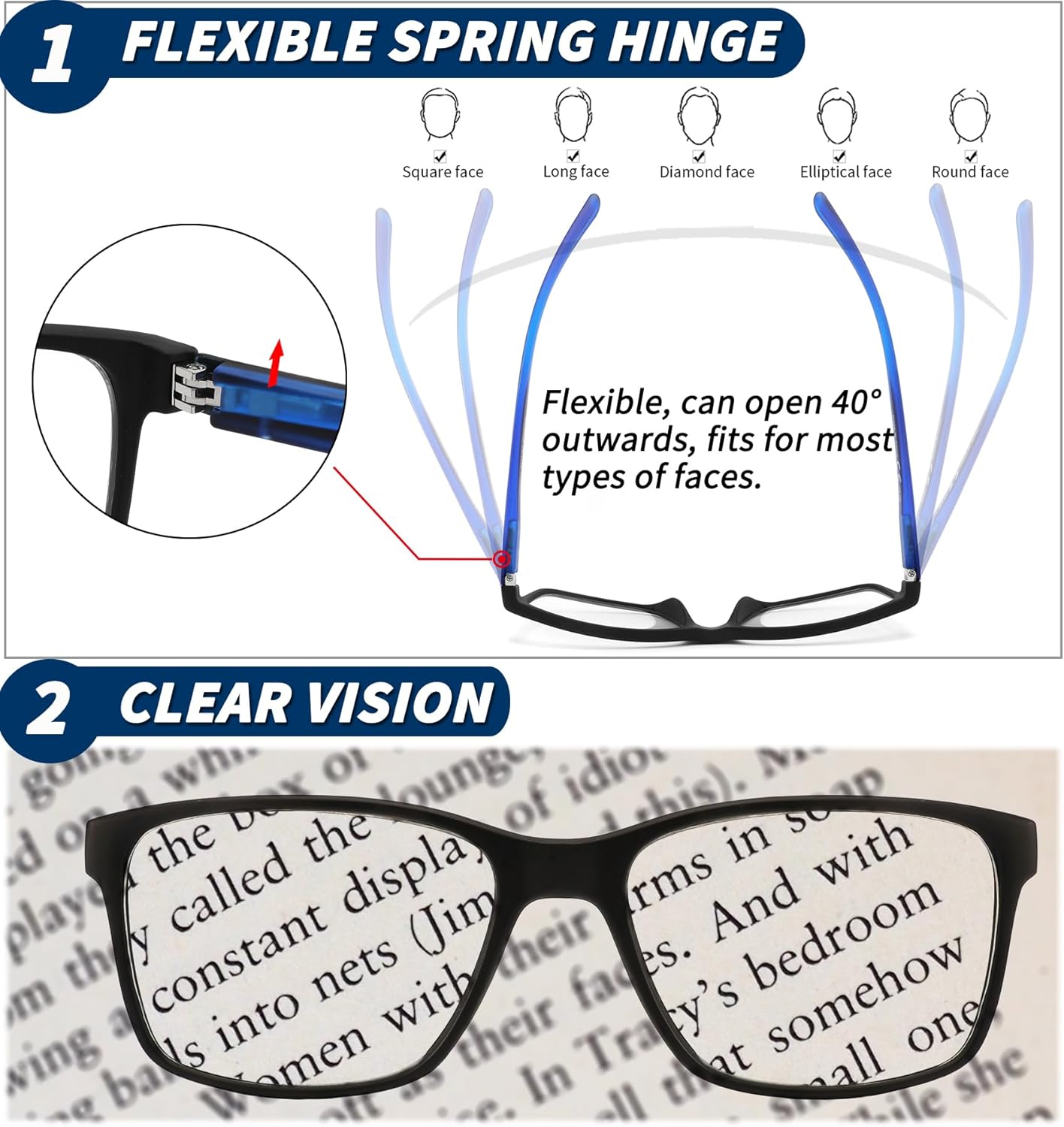 JJWELL Paquete de 3 lentes de lectura para hombre, bloqueo de luz azul con bisagra de resorte, antifatiga ocular, sequedad, UV, grandes cuadrados,