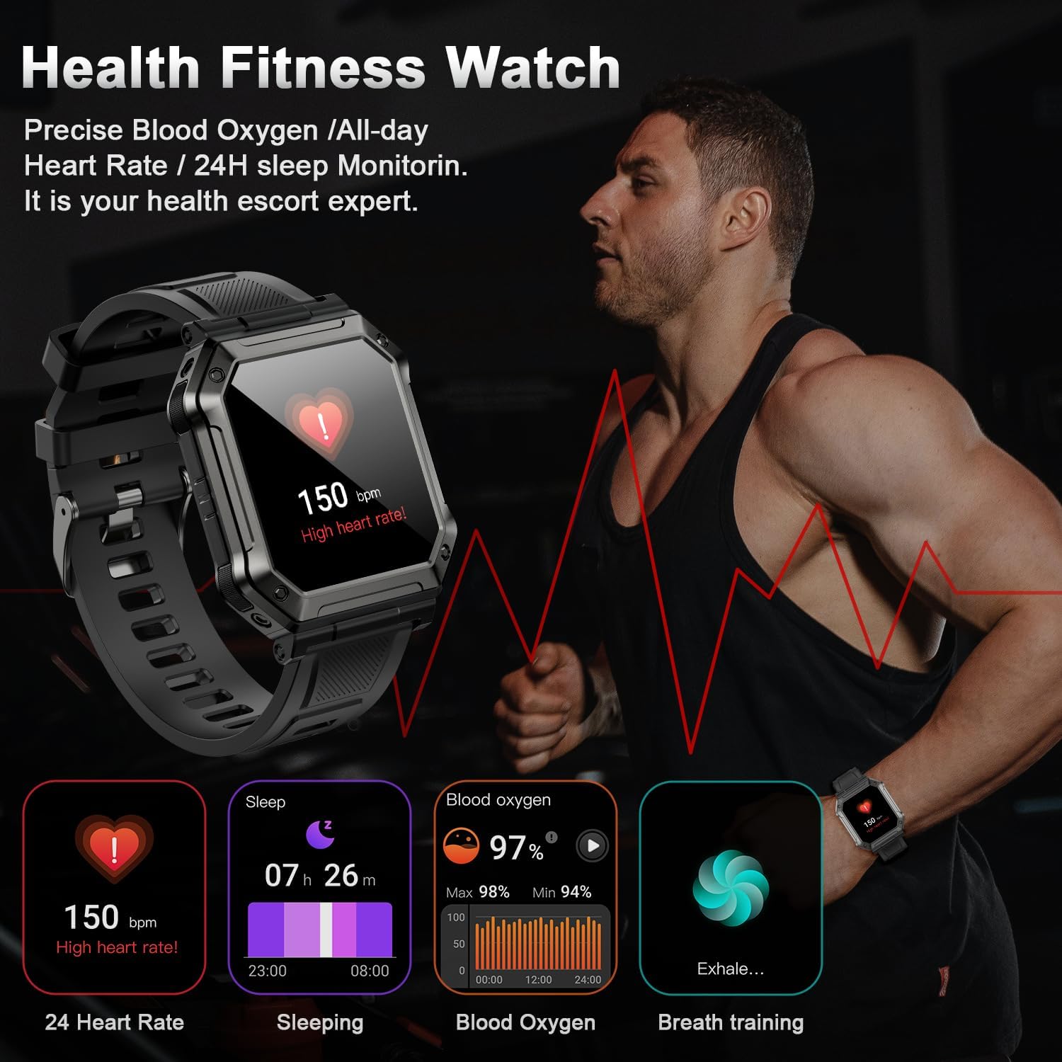 Reloj inteligente para hombre, rastreador de ejercicios (llamadarespuesta de llamadas) Bluetooth Militar Smartwatch para teléfonos Android, iPhone,