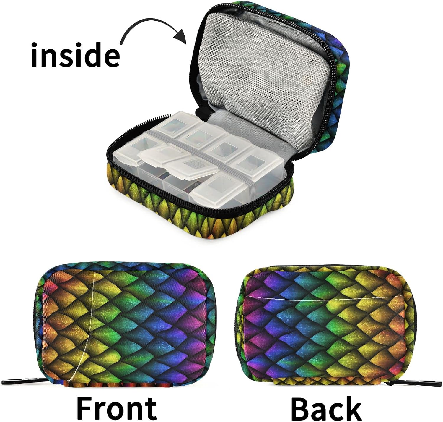 Pastillero Dragon Scales de piel de arco iris, 7 días, organizador de píldoras de viaje, bolsa organizadora de medicamentos, dispensador compacto