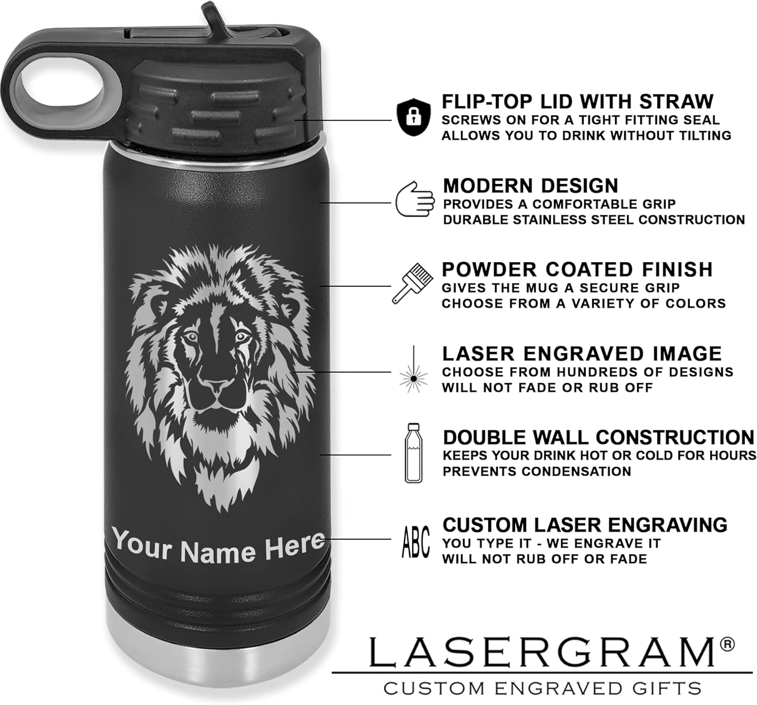 LaserGram Botella de agua con tapa abatible de doble pared de 20 onzas con pajilla, notas musicales, grabado personalizado incluido (negro)