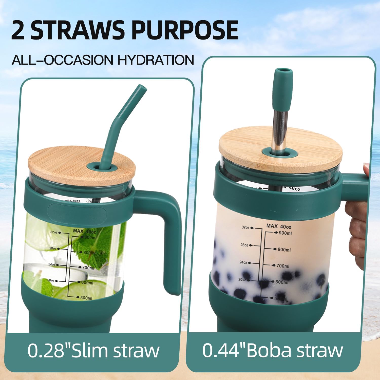 chunmo Vaso de vidrio con tapa de bambú y pajita, taza de café helado de 40 onzas con asa, botellas de agua de vidrio con funda de silicona, taza de