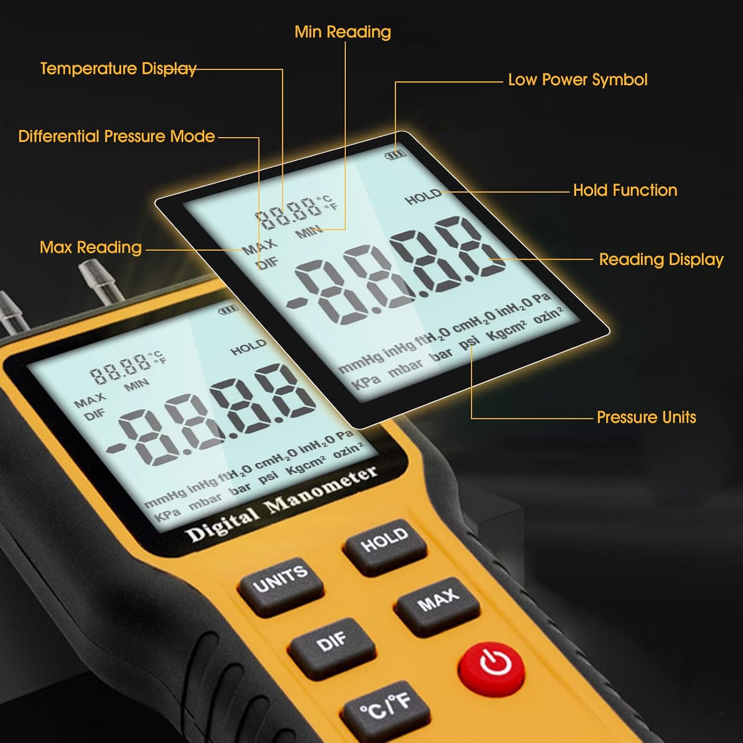 Manómetro, Medidor de presión de aire profesional, Probador de presión de gas de manómetro digital HVAC de doble puerto, 12 unidades seleccionables