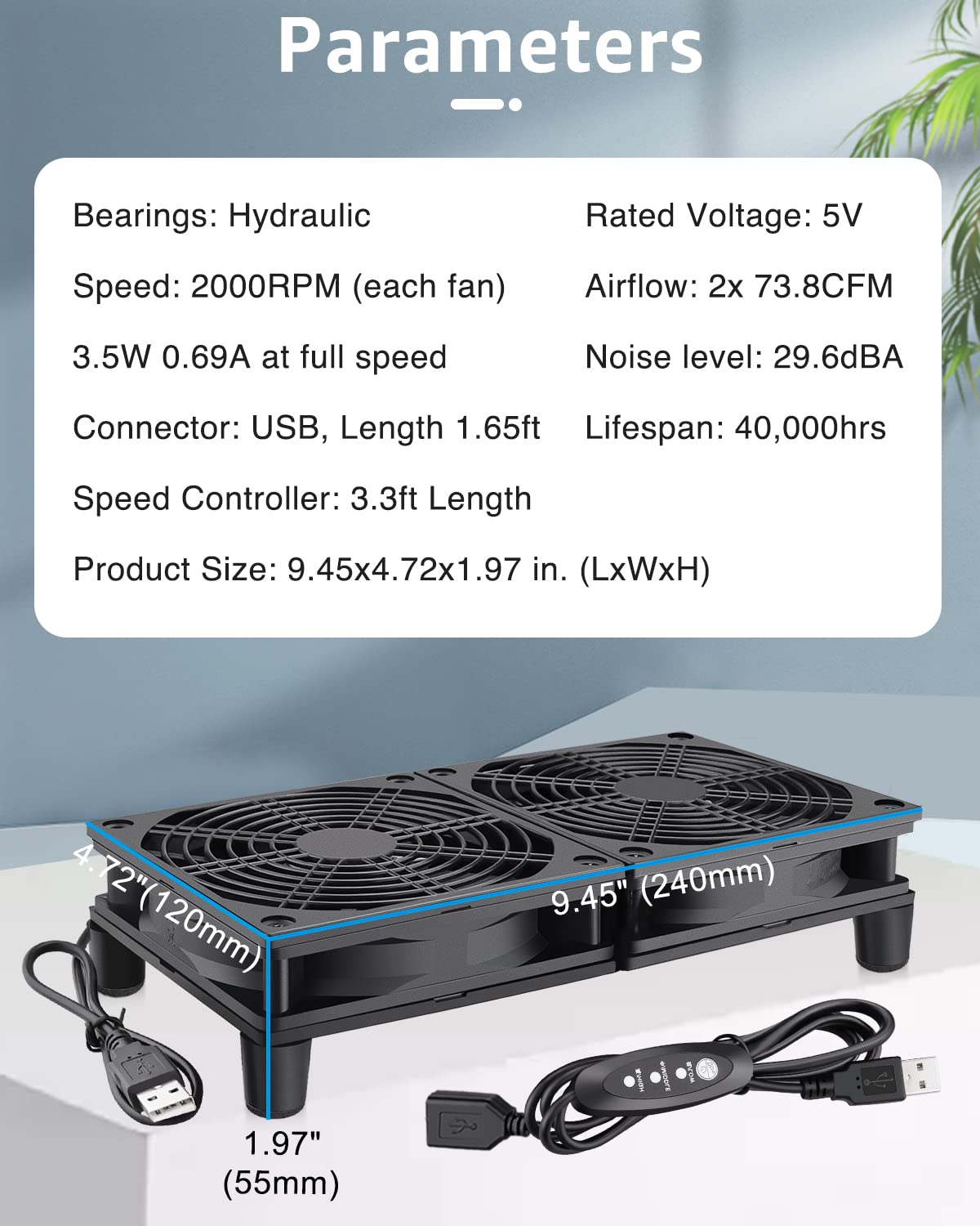 GDSTIME Ventiladores USB duales de 4.724 in y 5 V, ventilador de flujo de aire grande de 102 CFM para router TV Box Micro computadora y otros