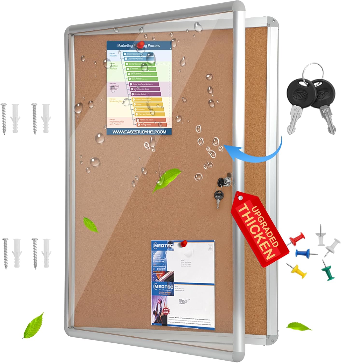 Tablero de anuncios de corcho cerrado grueso de 36 x 24 pulgadas (9 x A4), marco de aluminio, tablero de anuncios con cerradura resistente a los