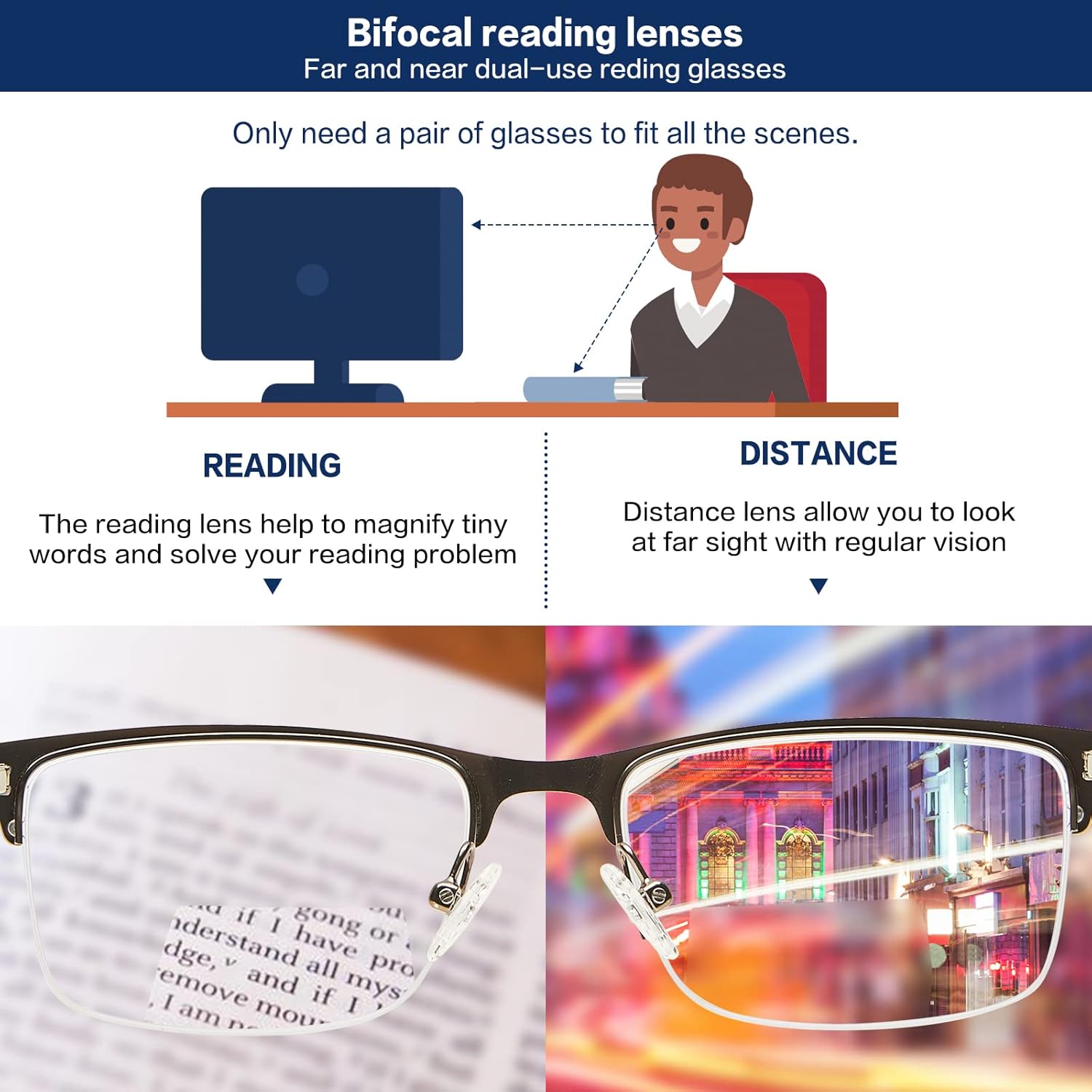 Gafas de lectura bifocales sin línea progresivas multienfoque hombres lector multifocal luz azul computadora marco de metal gafas