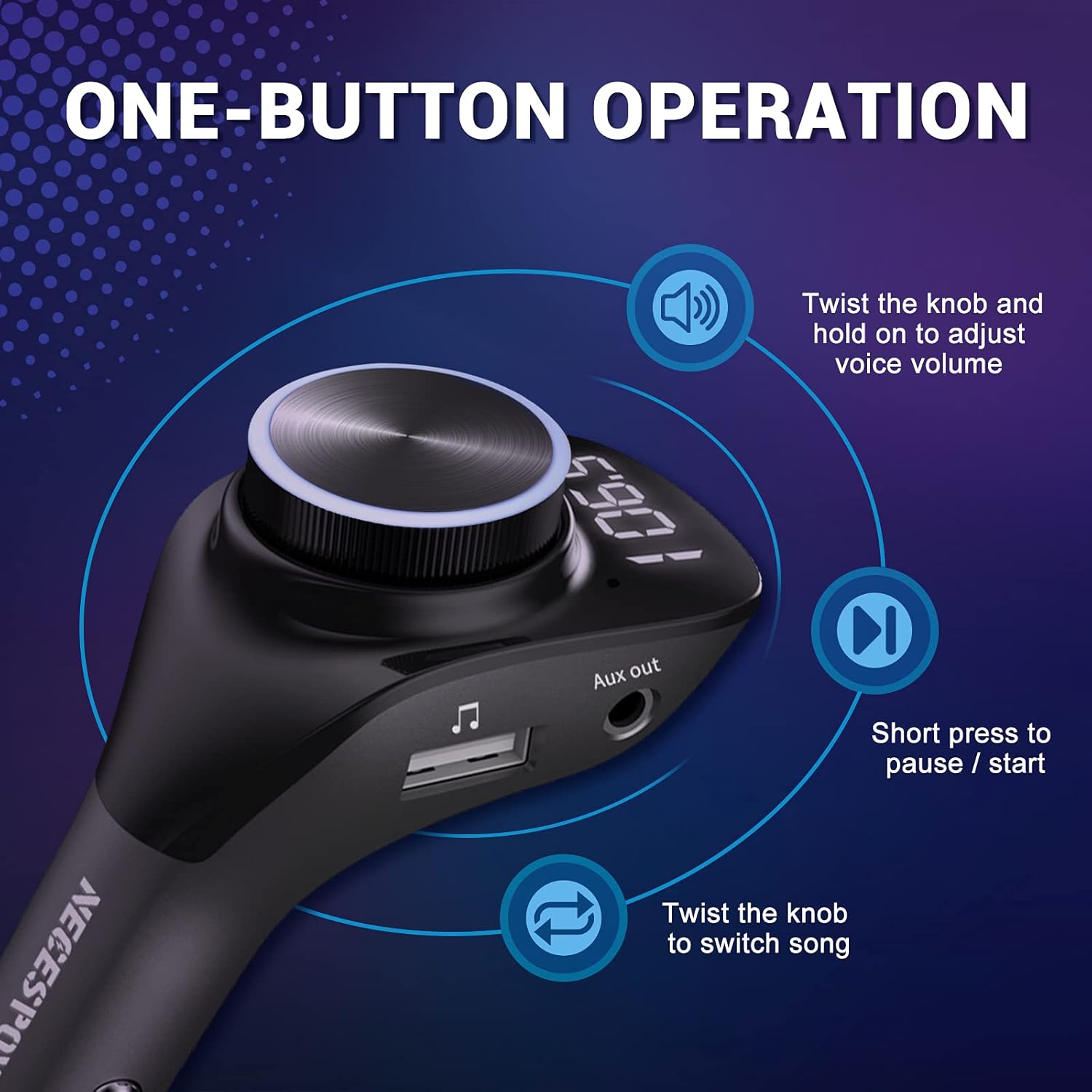 NECESPOW QC3.0 – Transmisor FM Bluetooth 5.0, cargador USB con cable AUX, adaptador de radio manos libres compatible con disco AUX y U, llamada