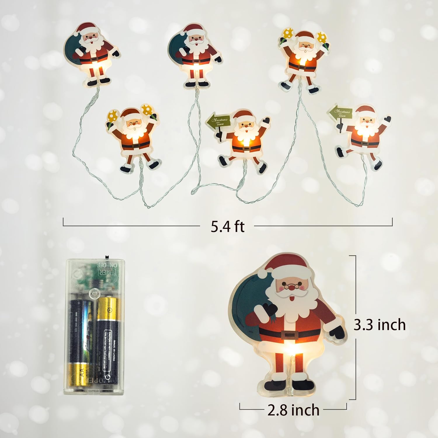 Guirnalda de luces de Navidad, 5.4 pies, 6 luces LED de Papá Noel, luces de hadas para interiores, funciona con pilas, guirnalda de luces LED de