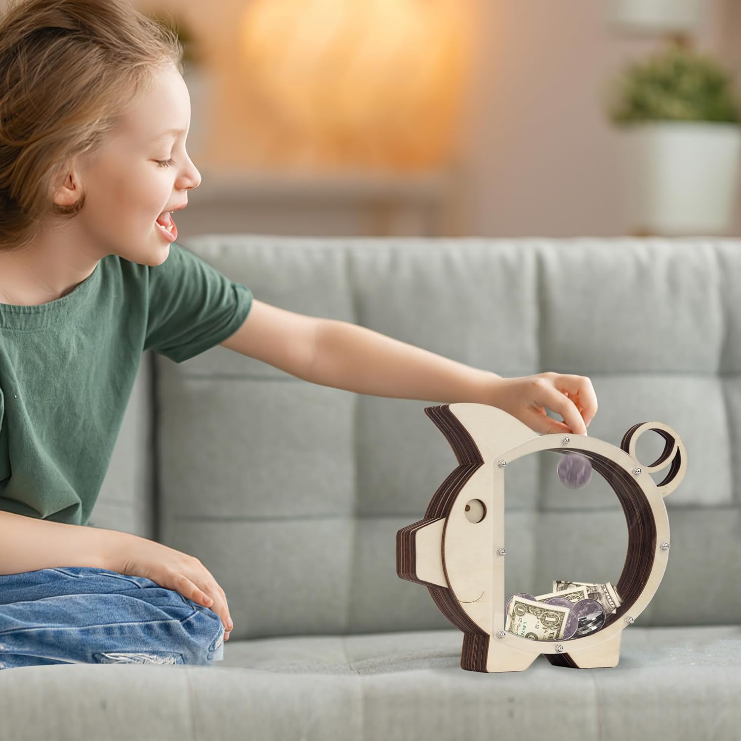 Alcancía de madera Boalord para niños, niñas, niños y adultos, transparente, dinero real, monedero, regalos para niños pequeños