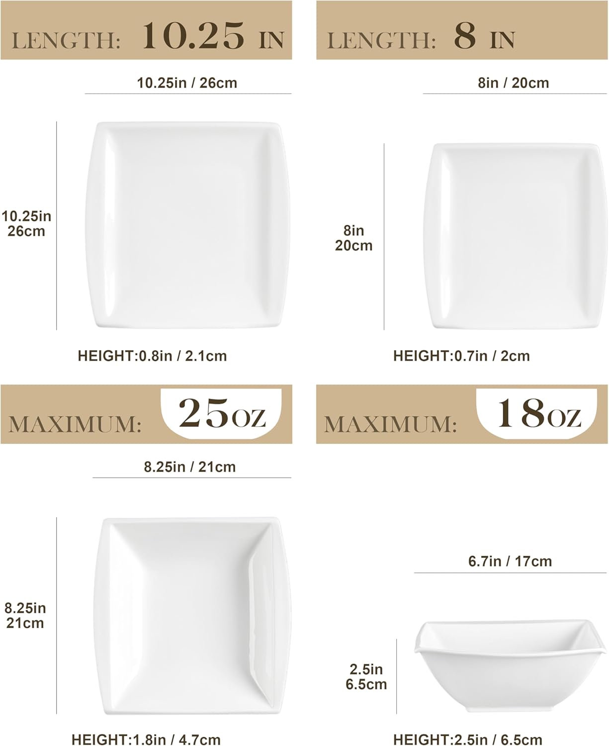 MALACASA BLANCE – Juego de vajilla cuadrada de 32 piezas, color blanco marfil, juego de vajilla de porcelana con platos llanos, cuencos para