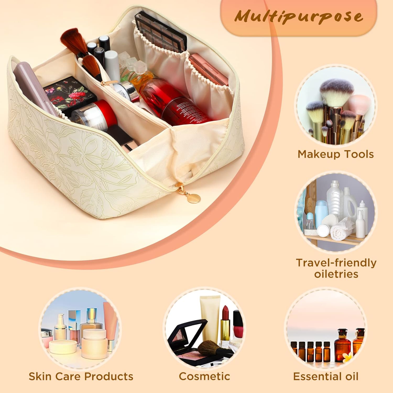 Bolsa de cosméticos de viaje de gran capacidad, portátil, de cuero, impermeable, bolsa de maquillaje de viaje, bolsa de almacenamiento con