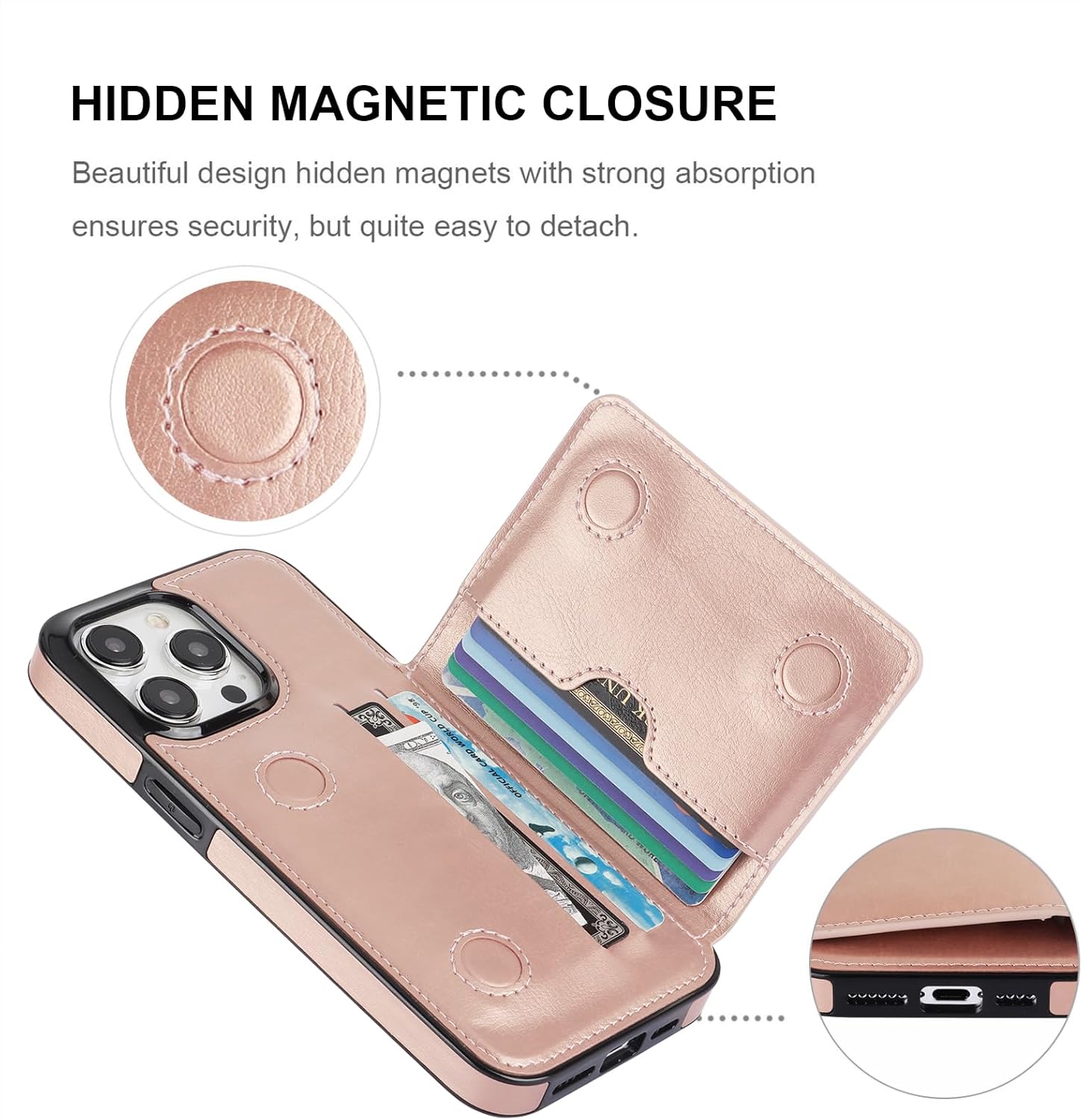 KIHUWEY Funda tipo cartera compatible con iPhone 15 Pro Max, soporte para tarjetas de crédito, de cuero de primera calidad, cierre magnético oculto,