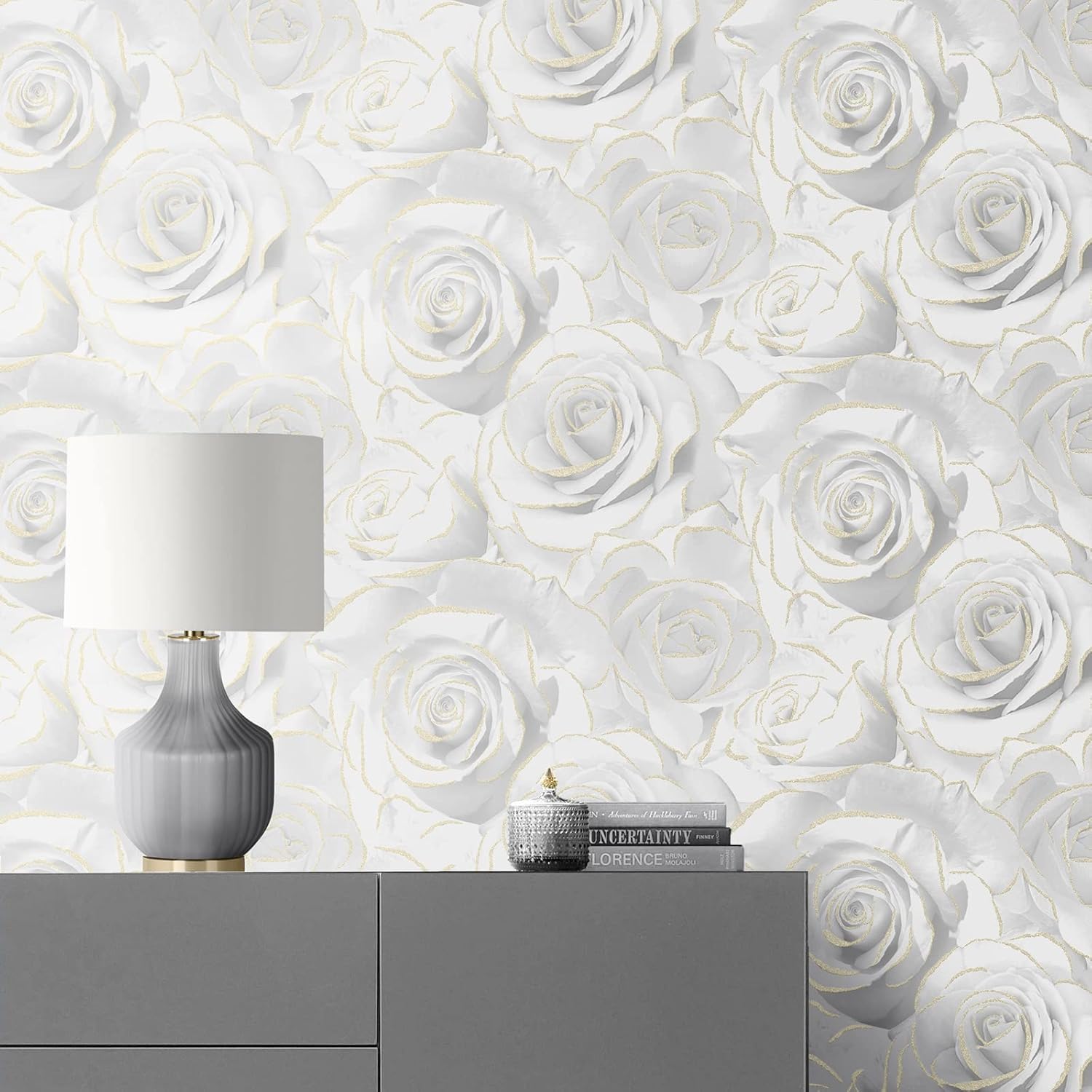Madison Rose Glitter – Papel tapiz moderno para sala de estar, dormitorio, chimenea, papel de pared decorativo de lujo con rosas blancas