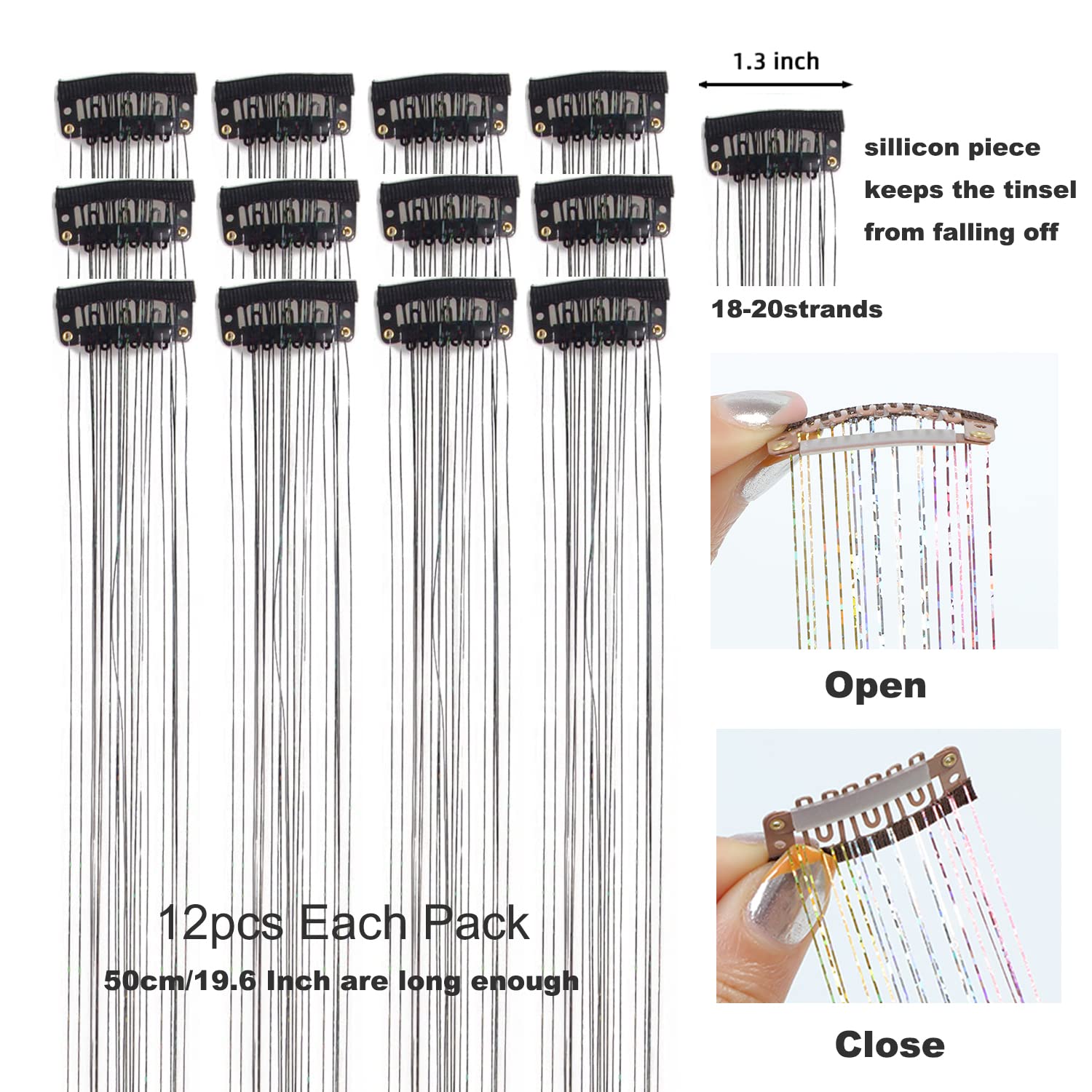 12 extensiones de cabello de oropel con clip de oropel con purpurina de 19.6 pulgadas, kit de oropel resistente al calor, accesorios de cabello de