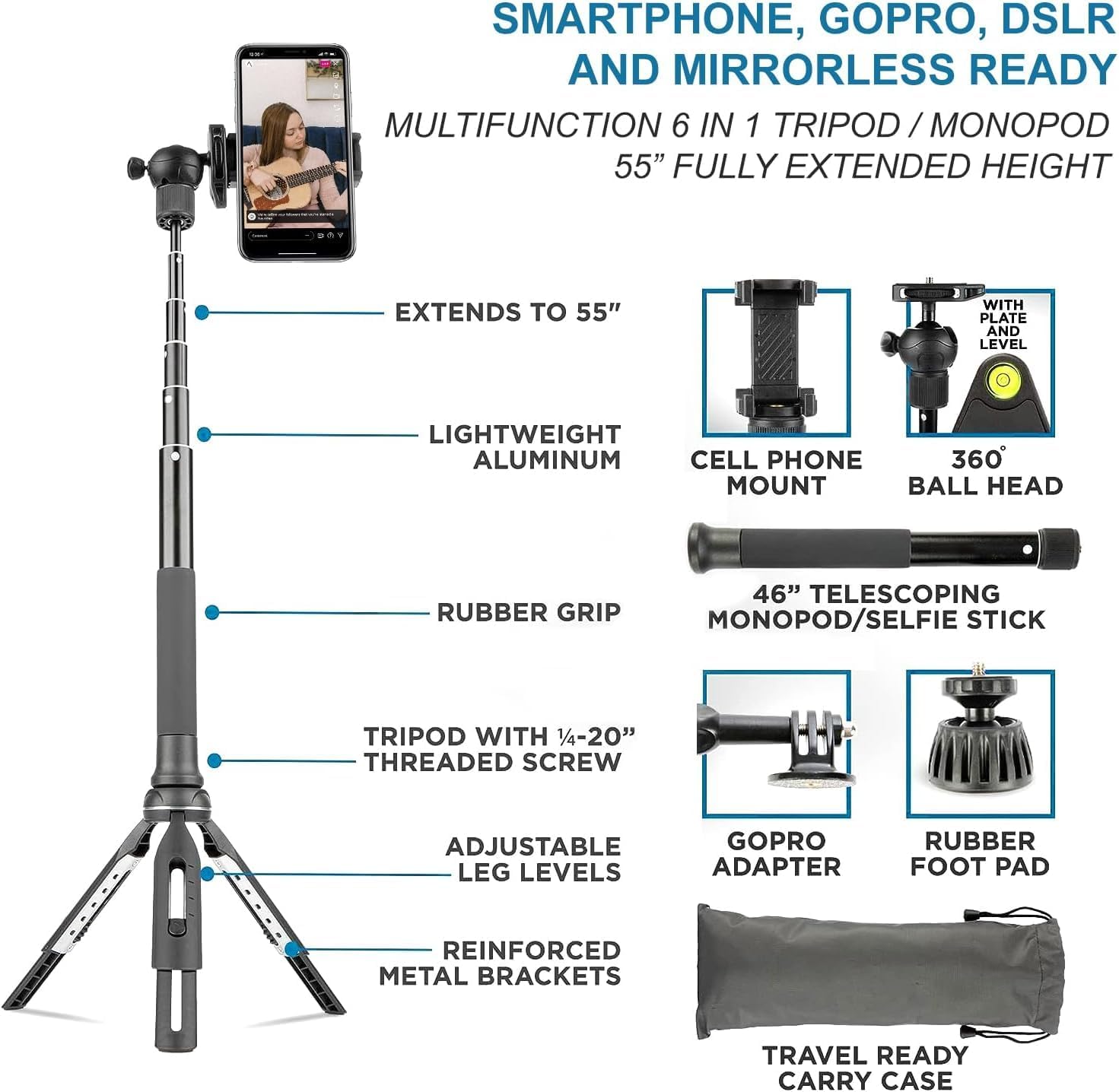 eDealz Trípode para teléfono de 55 pulgadas  Funciona como trípode, selfie stick y monopie de cámara para Go Pro  Soporte de trípode para teléfono