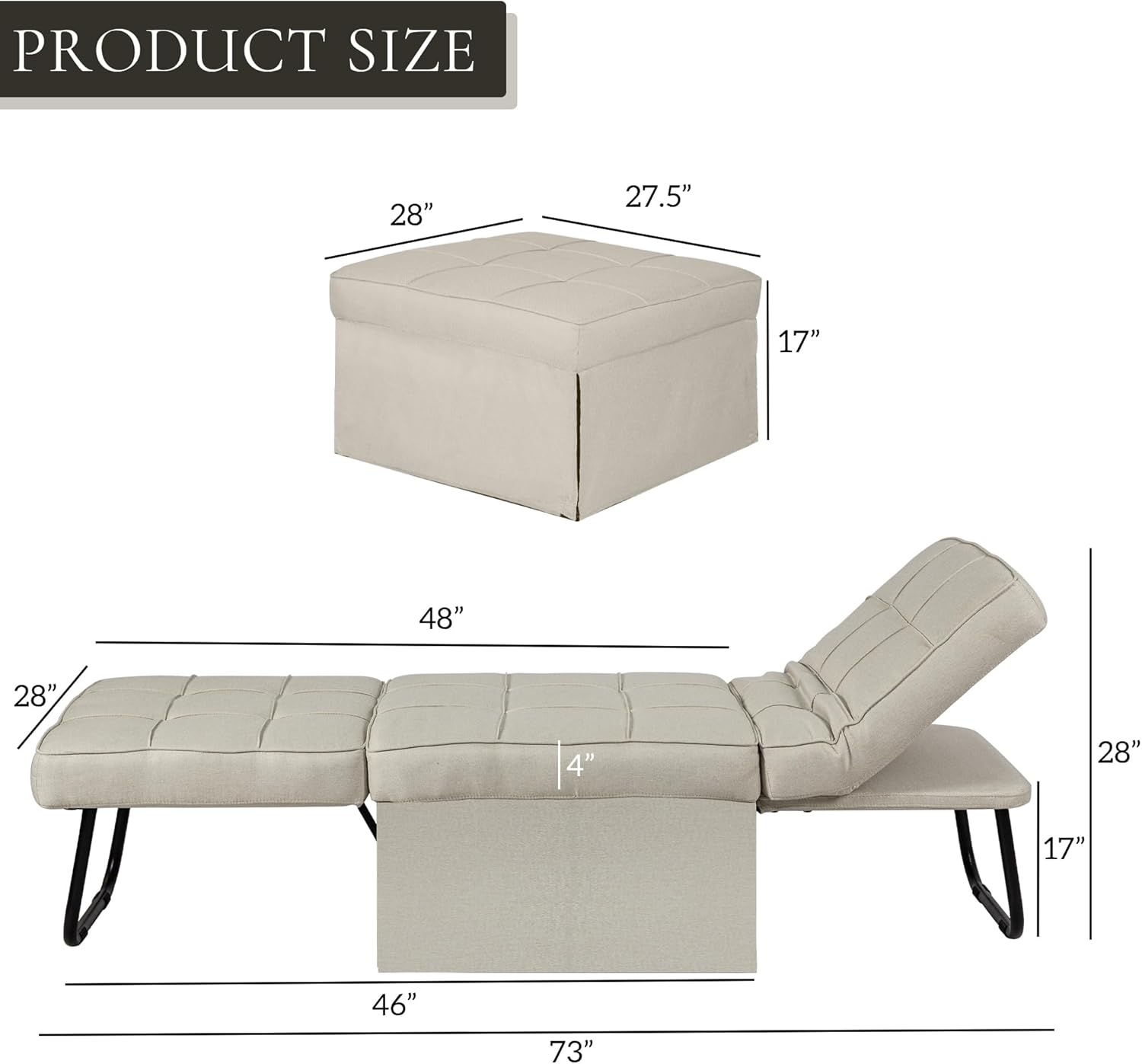 Sofá cama plegable, otomana convertible multifunción 4 en 1, silla de sofá sin montaje con respaldo y almohada ajustables, color beige