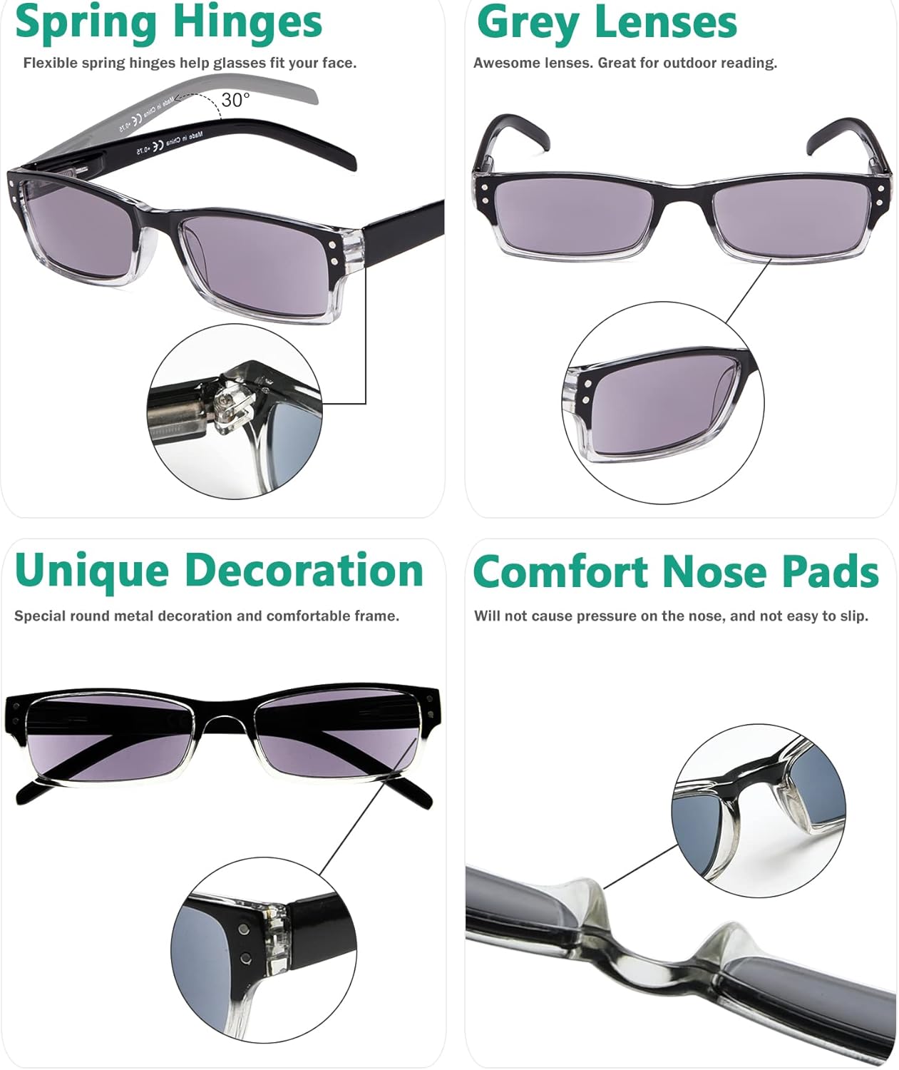 Eyekepper Paquete de 4 lentes de sol clásicos de lectura para mujeres y hombres, lentes grises de dos tonos +2.00