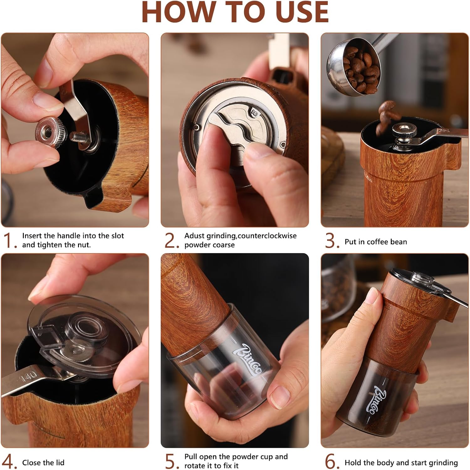 Bincoo Molinillo de café manual con rebabas de acero inoxidable, grosor ajustable, plegable, con bolsa portátil, molinillo de café de mano portátil