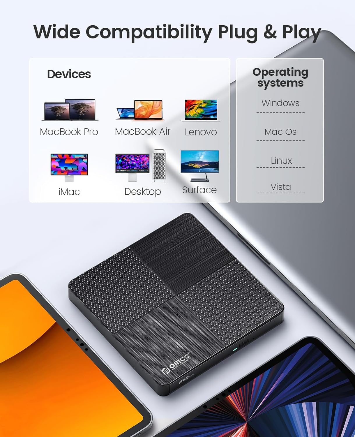 ORICO Grabador externo de CDDVD portátil CDDVD +-RWDVD CD ROM Rewriter compatible con computadora portátil de escritorio, PC, Windows Mac Pro,