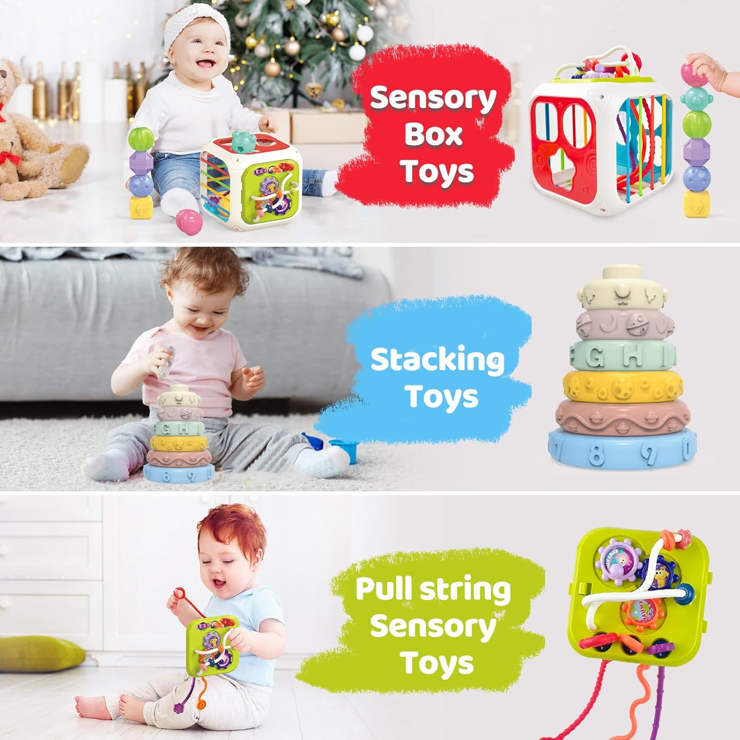 Juguetes Montessori 5 en 1 para bebés, juguetes sensoriales para niños pequeños, juguete de cuerda de tracción de viaje, clasificador de formas y