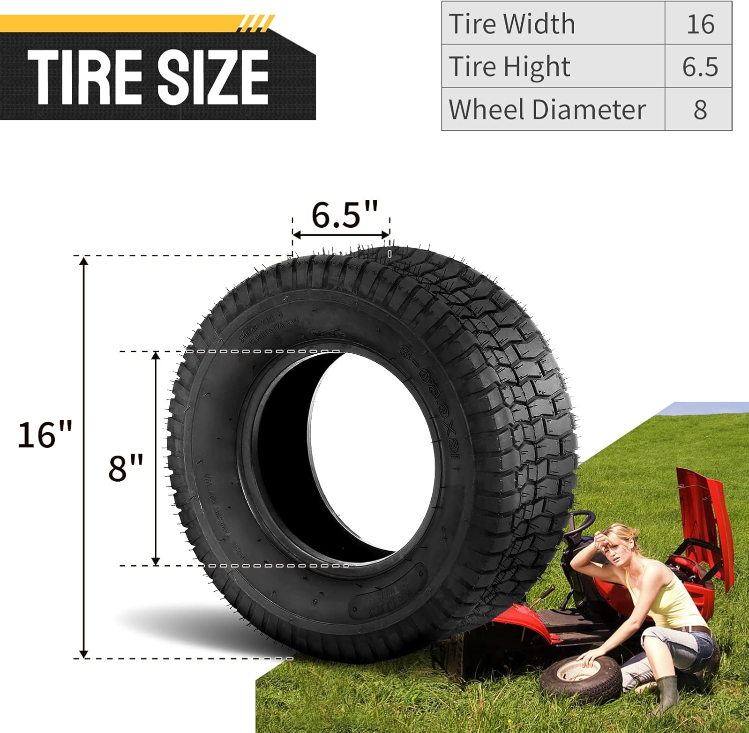 AutoForever Paquete de 2 neumáticos de césped de 16 x 6.50-8 de 4 capas, sin cámara, compatibles con tractor de jardín de 16 x 6.5 x 8 pulgadas