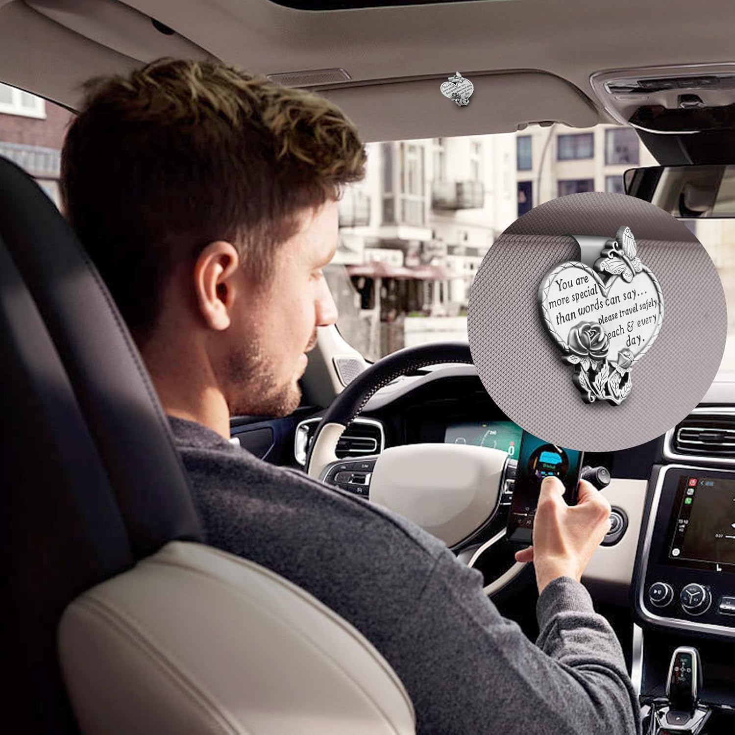 Medalla para visera de automóvil en forma de corazón, accesorios de clip de visera para bendecir la conducción, oración de seguridad, regalo