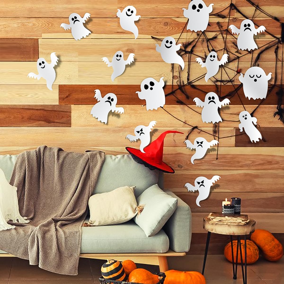 7 estilos de decoración de pared de fantasmas de Halloween, 42 piezas lindas calcomanías de fantasmas 3D, calcomanías reutilizables de pared de