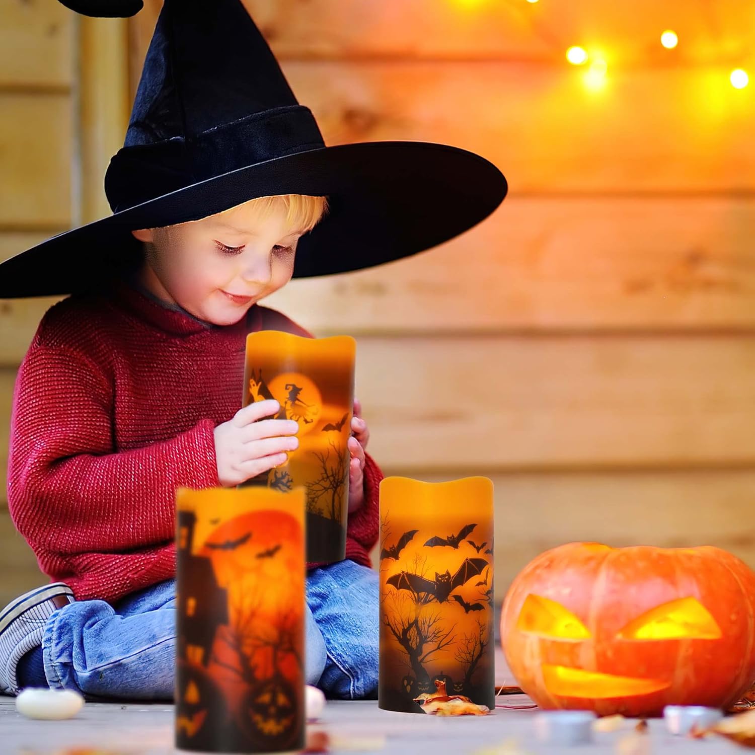 HN HAIINAA Velas de Halloween sin llama que funcionan con pilas con temporizador de 6 horas, velas LED parpadeantes de cera real, castillo, bruja,