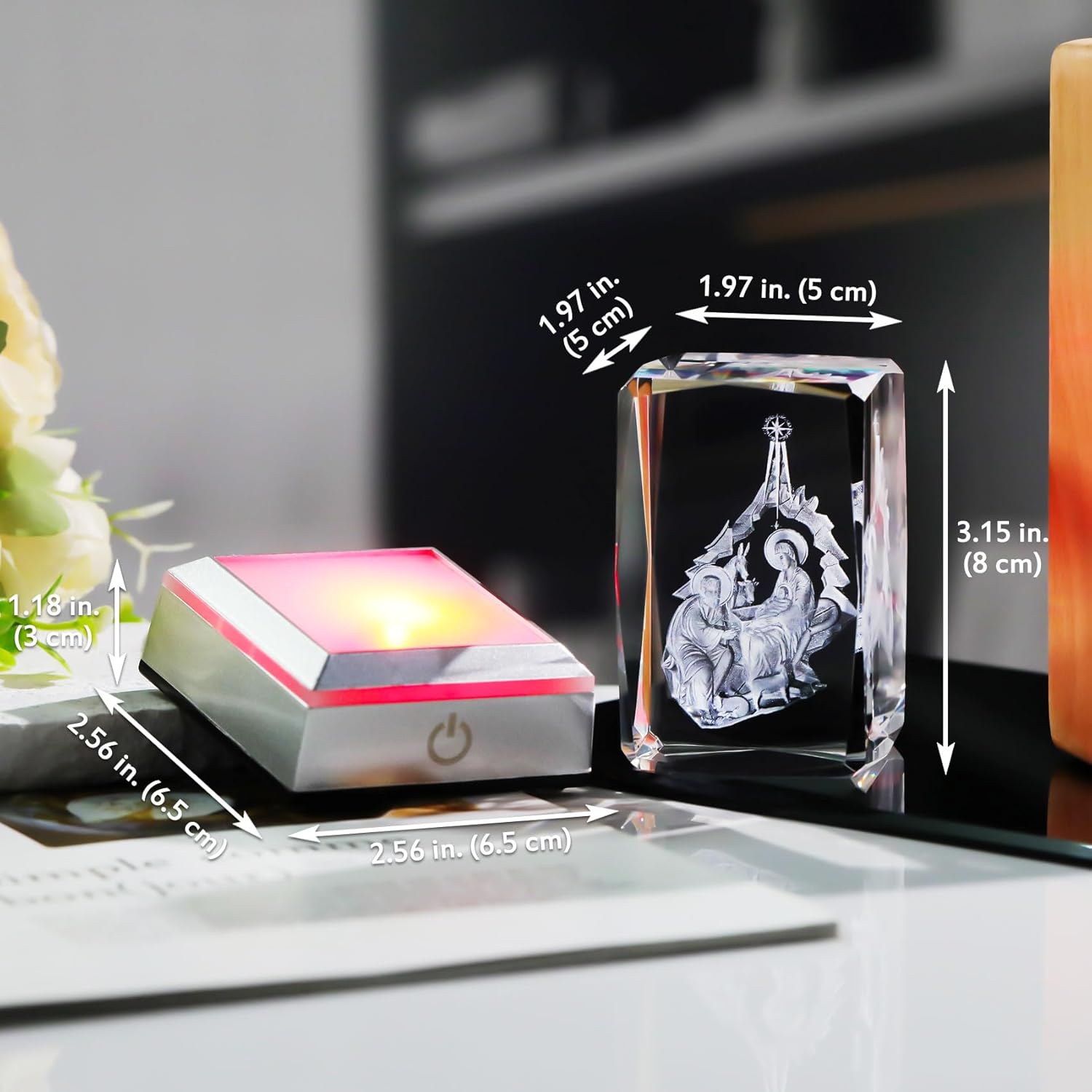 YWHL Figura de cristal 3D con base de luz colorida, estatua de nacimiento del bebé Jesús grabada con láser, regalos religiosos de Navidad,