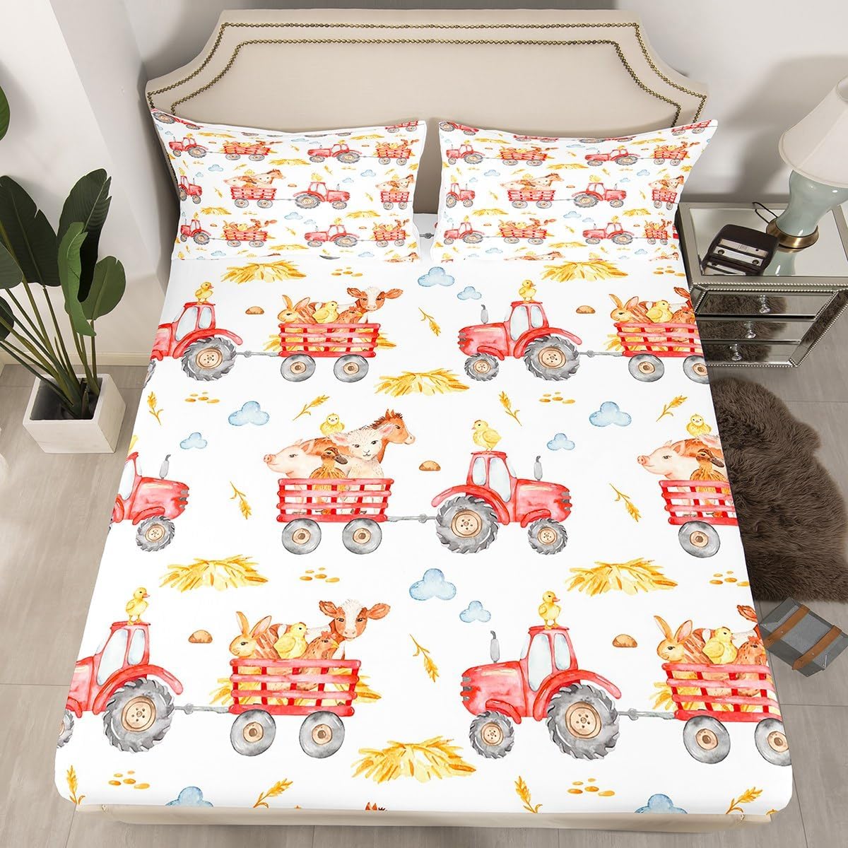 Erosebridal Juego de sábanas para cama de camión de granja para niños y niñas, juego de sábanas de tractor de acuarela roja, tamaño Queen, juego de