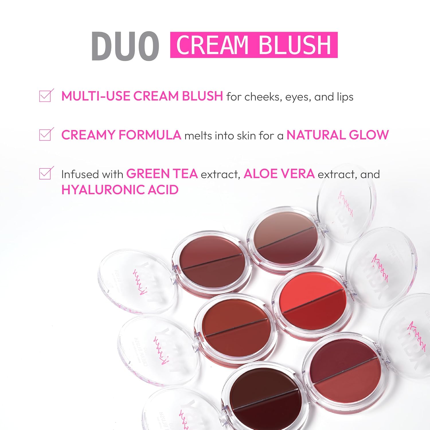 Ruby Kisses Rubor en crema dúo, suave, de aspecto natural, de larga duración para mejillas, labios y ojos, construible y mezclable, infundido con té