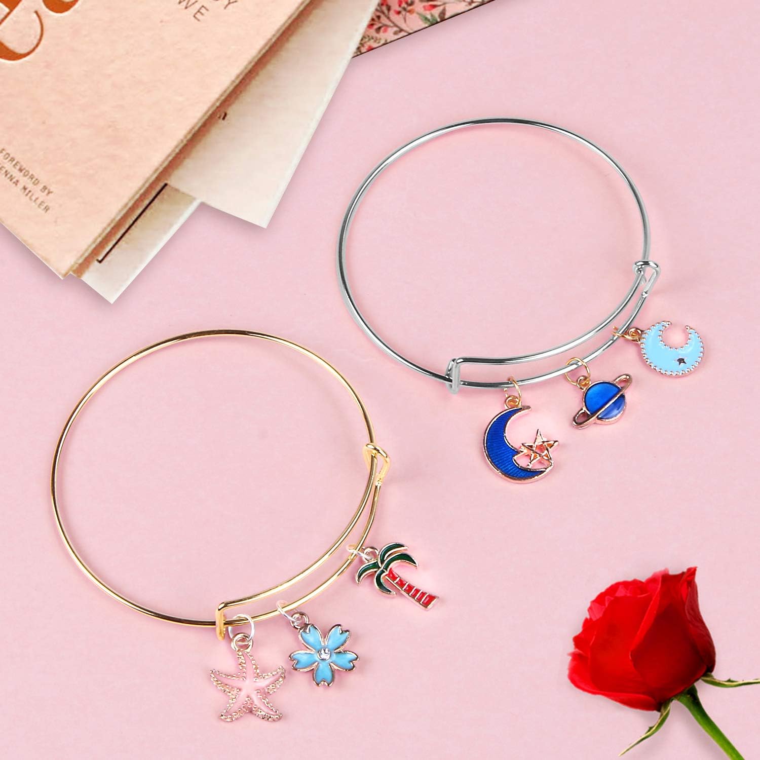UPINS 60 pulseras expandibles para hacer joyas en blanco, pulseras de alambre ajustables para mujer, plata y oro