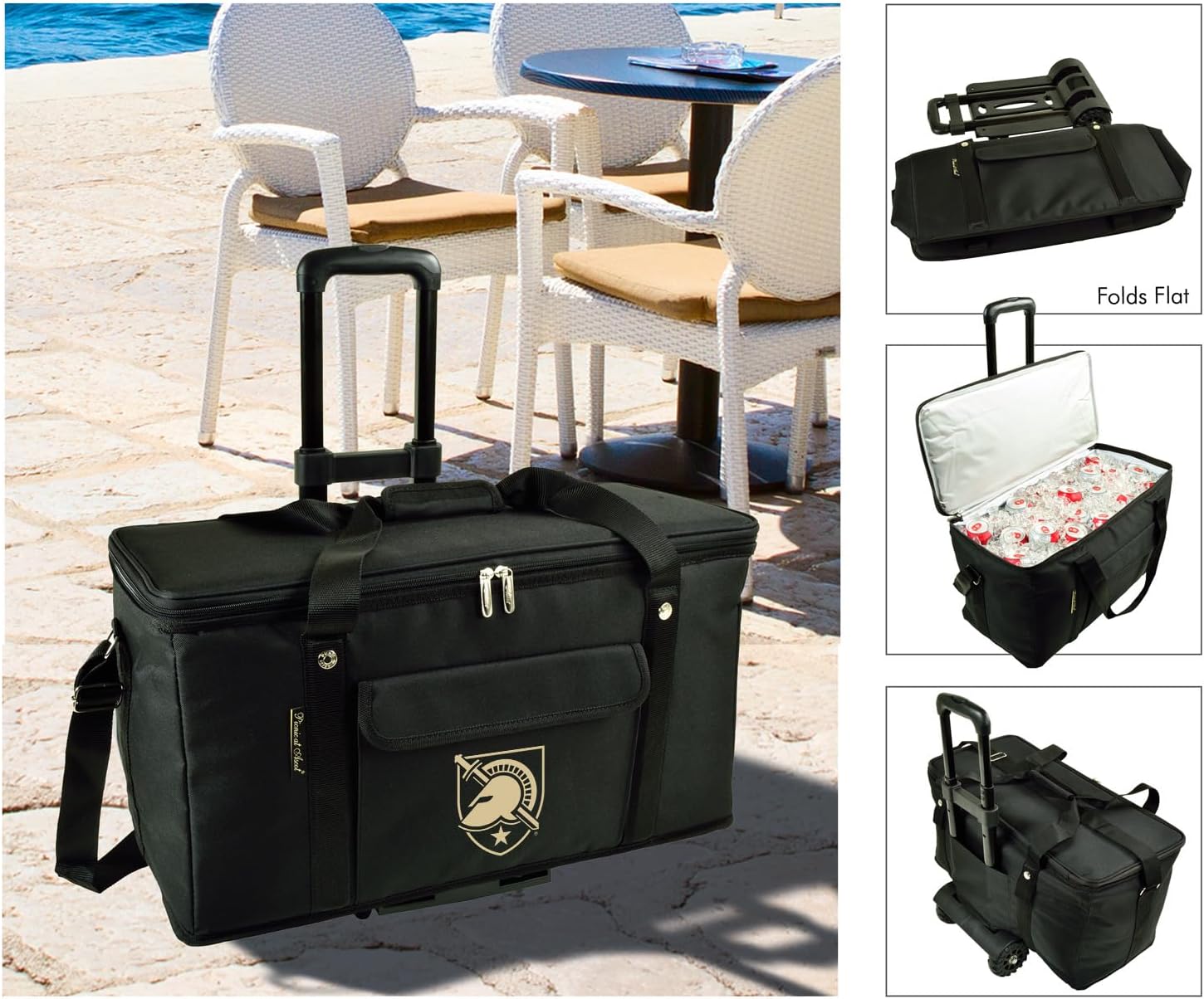 Black Knights – Enfriador de picnic de viaje con ruedas con licencia del ejército, capacidad para 64 latas, enfriador plegable a prueba de fugas,