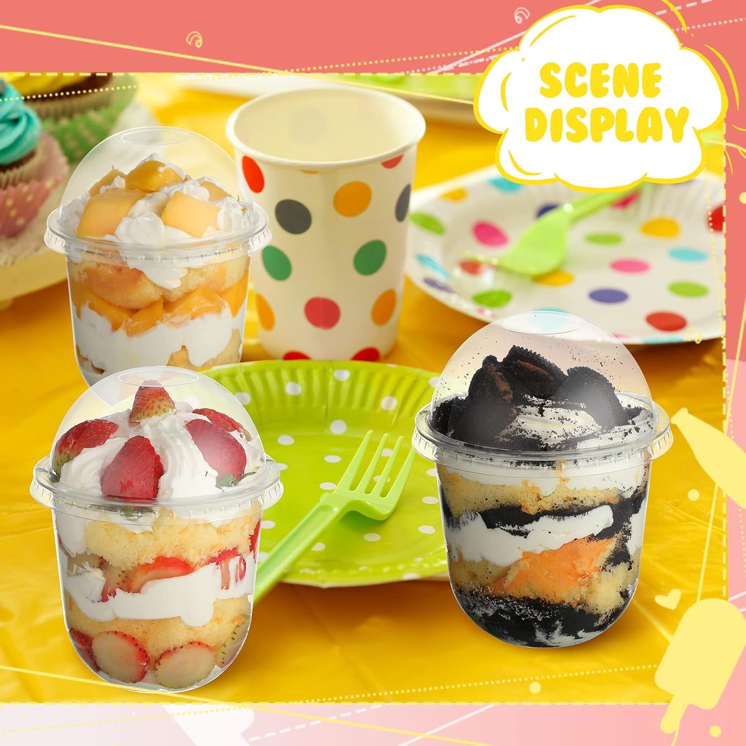 Paquete de 50 tazas de postre con tapas de cúpula, vasos de plástico desechables con tapas, tazas de helado de PET transparentes (sin agujero),